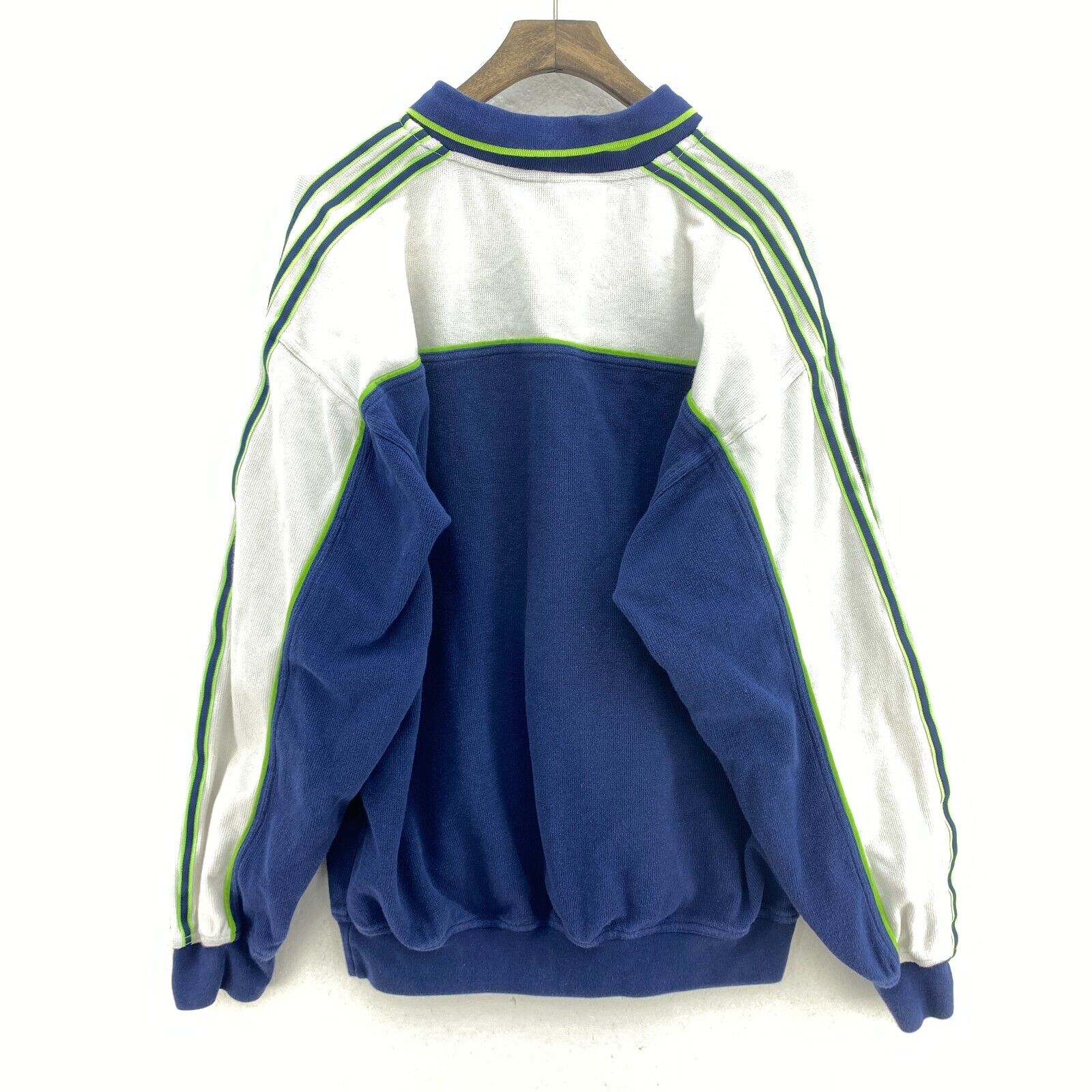 Vintage Adidas Neon Striped Collared Navy Blue Sweatshirt Size M