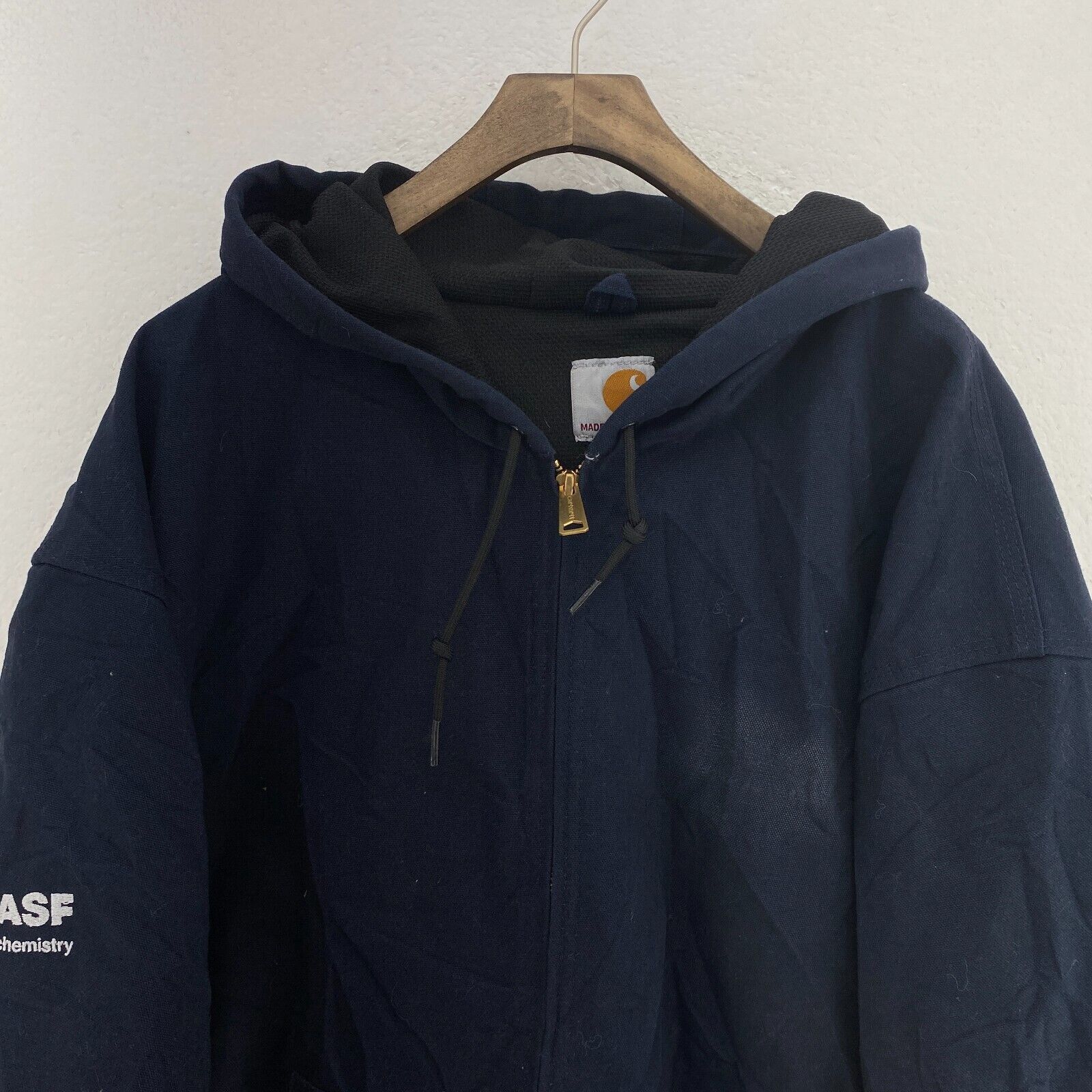 Carhartt Workwear Blue Hooded Jacket Basf Company Quilt Lined Size 3XL Full Zip