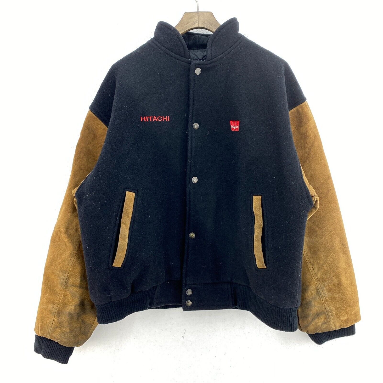 Vintage Hitachi Two Tone Varsity Bomber Jacket Black Snapped Size L