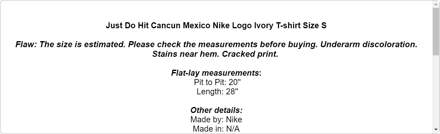 Just Do Hit Cancun Mexico Nike Logo Ivory T-shirt Size S