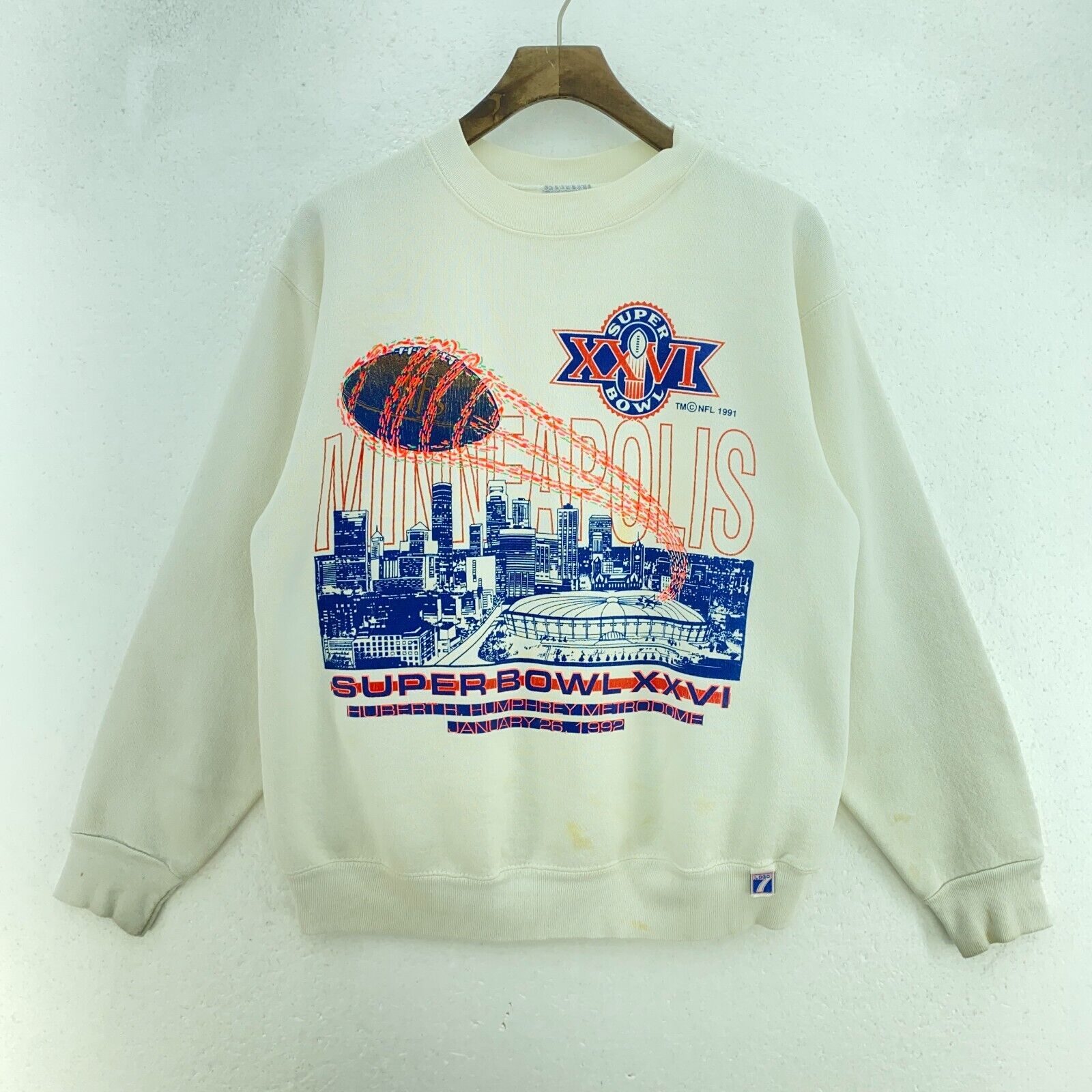 Vintage Logo 7 Minneapolis NFL Super Bowl 1991 XXVI White Sweatshirt Size M