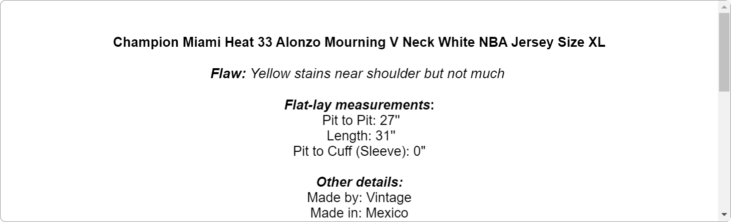Champion Miami Heat 33 Alonzo Mourning V Neck White NBA Jersey Size XL