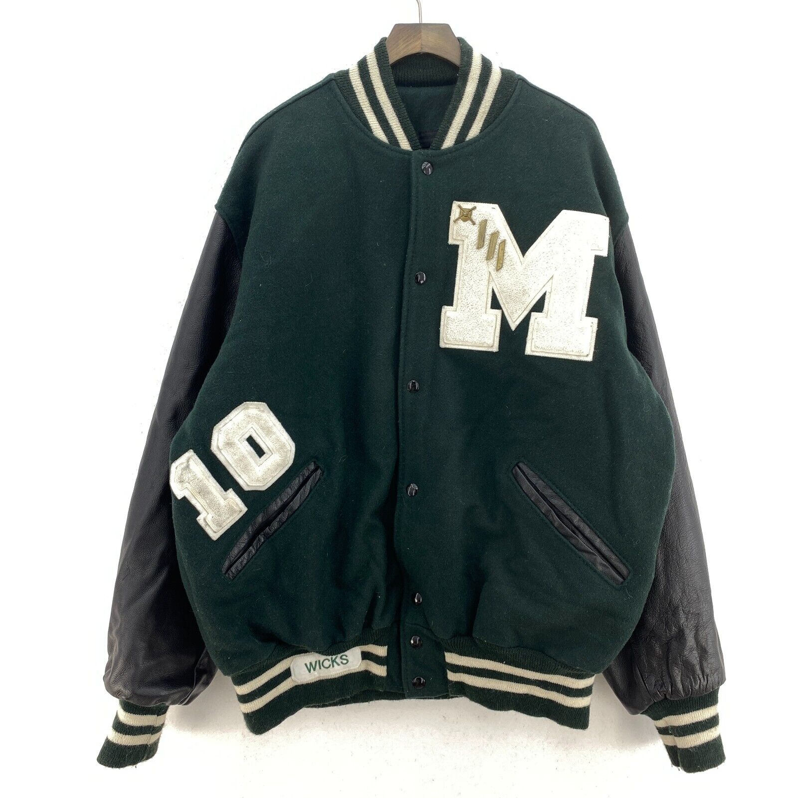 Vintage Medina Baseball Green Snapped Bomber Jacket Size 2XL Leather Sleeve