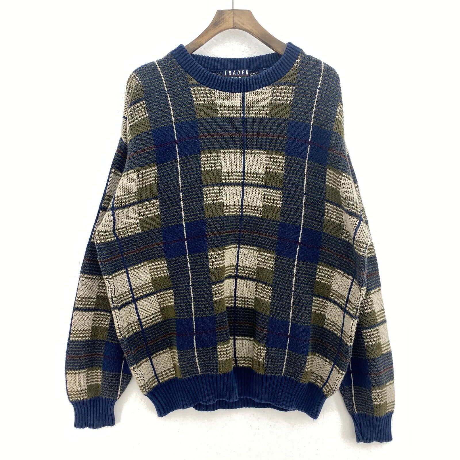 Vintage Knit Crewneck Plaid Blue Pullover Sweater Size L