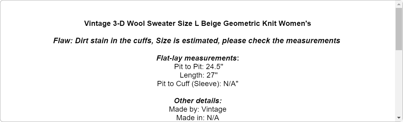 Vintage 3-D Wool Sweater Size L Beige Geometric Knit Women's