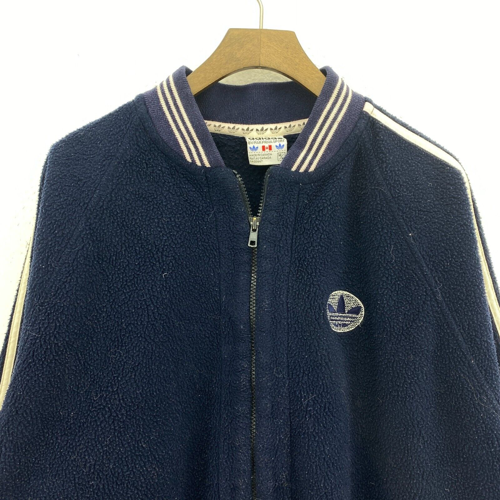 Vintage Adidas 3 Stripe Full Zip Fleece Navy blue Bomber Jacket Size M