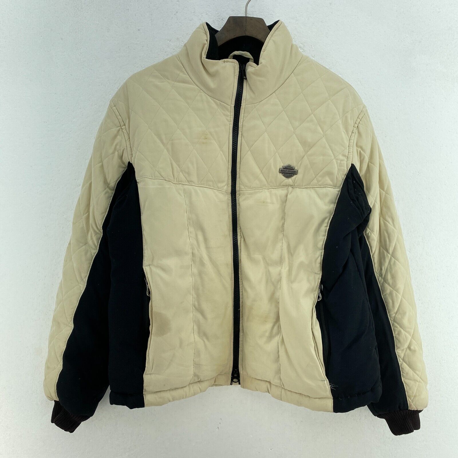 Harley Davidson Metal Logo Full Zip Beige Puffer Jacket Size L