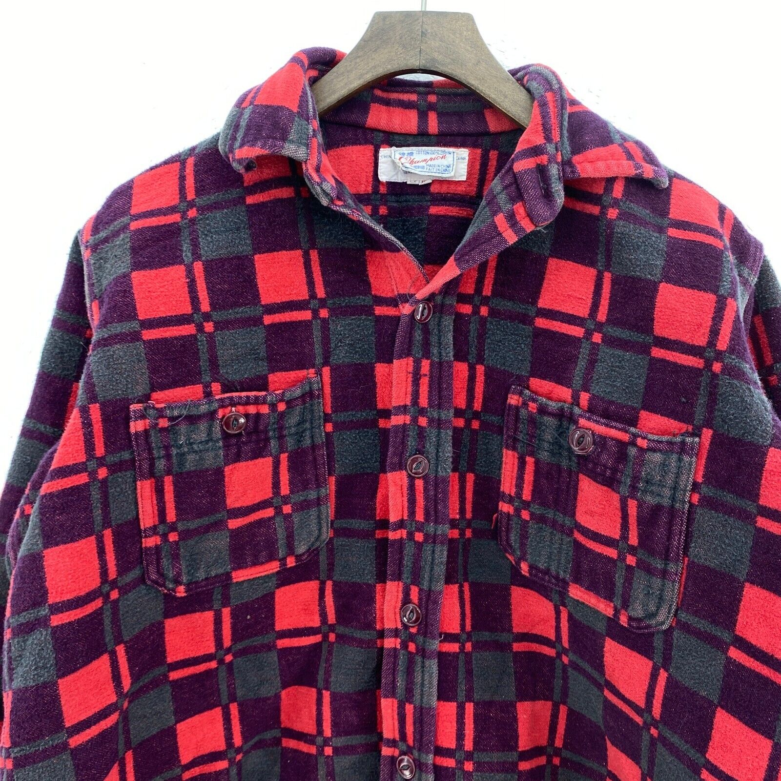 Vintage Champion Red Button Up Flannel Checked Shirt M