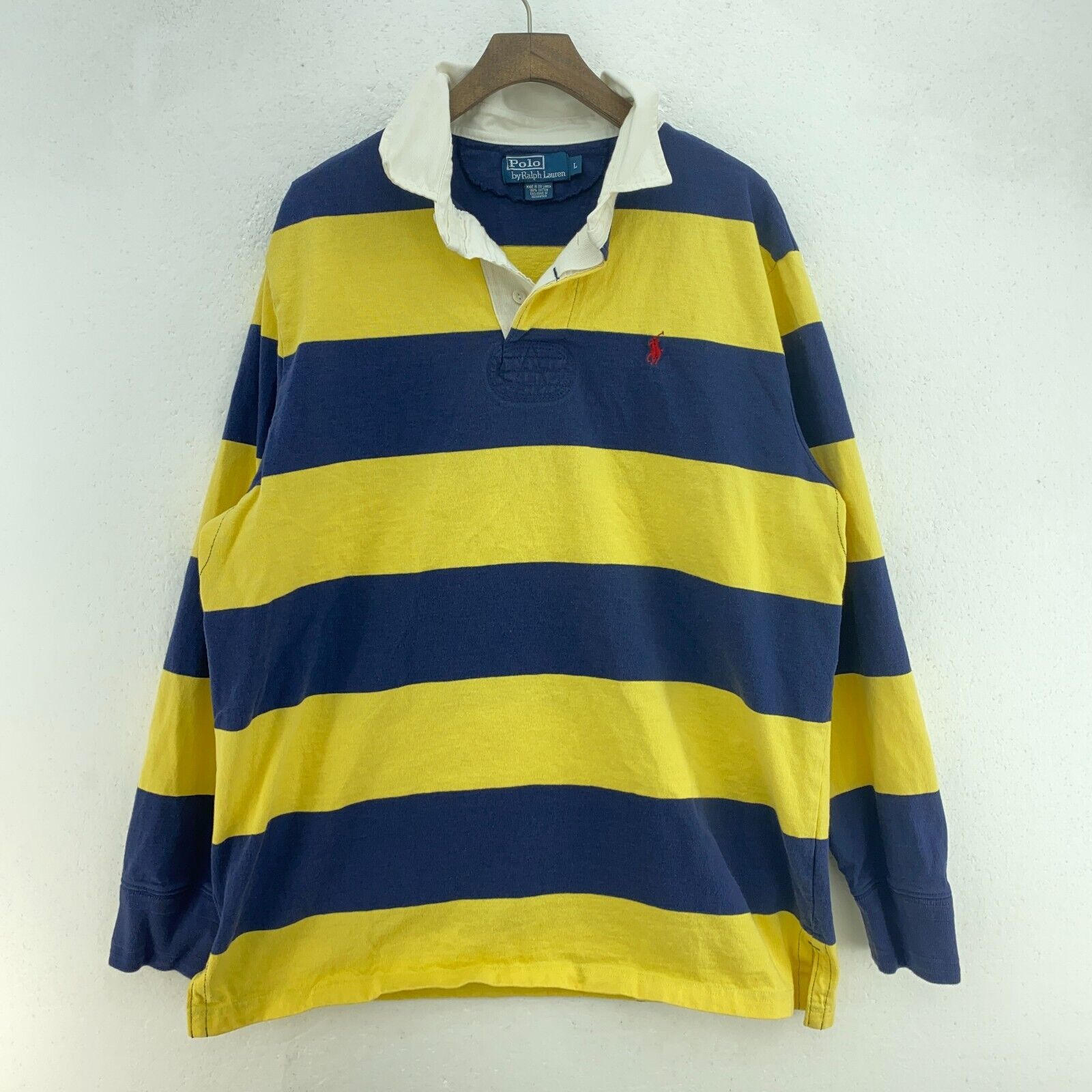 Vintage Polo Ralph Lauren Striped Yellow Navy Blue Polo T-shirt Size L
