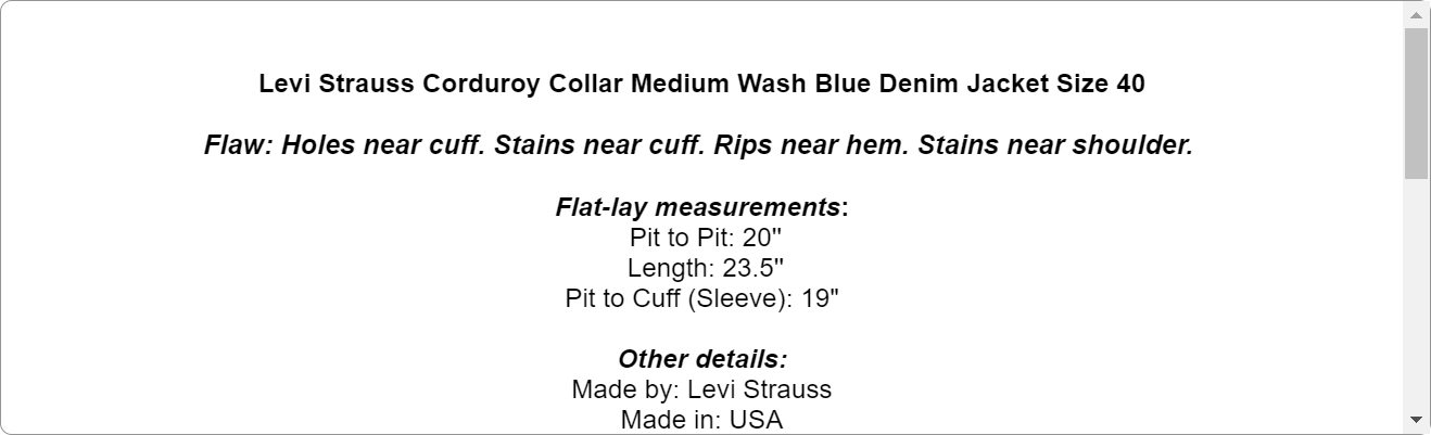 Levi Strauss Corduroy Collar Medium Wash Blue Denim Jacket Size 40