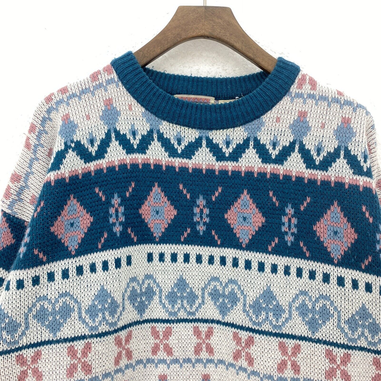 Vintage Pattern Blue Crew Neck Knit Sweater Size M
