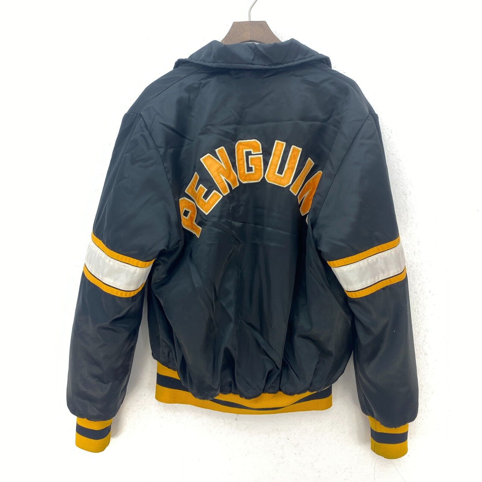 Pittsburgh Penguins Logo Satin Bomber Jacket Size M Black NHL Ice Hockey