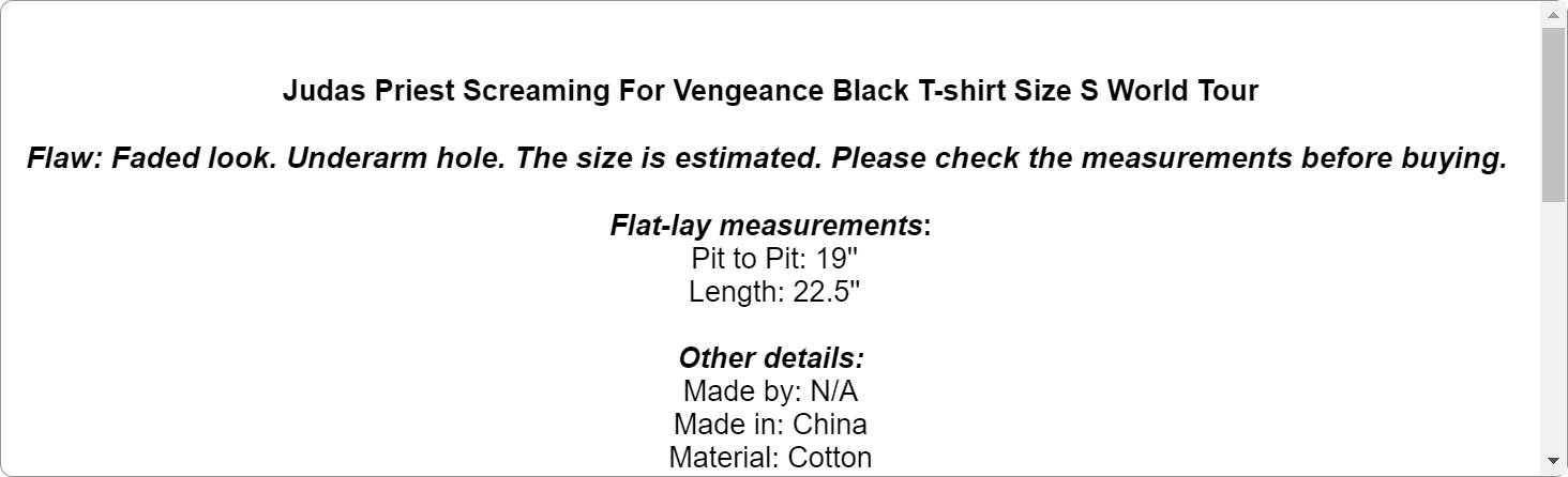 Judas Priest Screaming For Vengeance Black T-shirt Size S World Tour