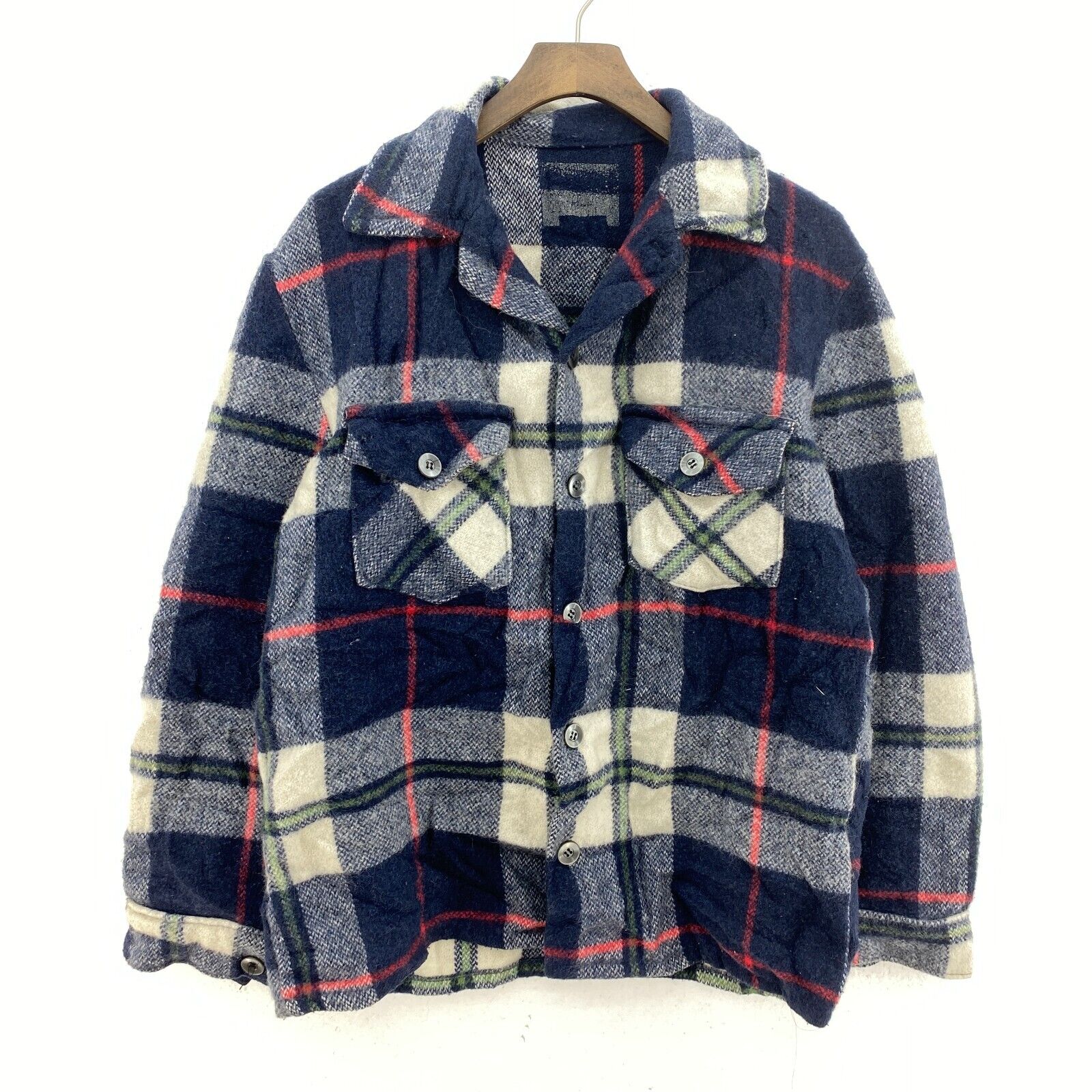 Vintage Navy Blue Checked Button Up 1960s Heavy Wool Shirt Jacket Size M