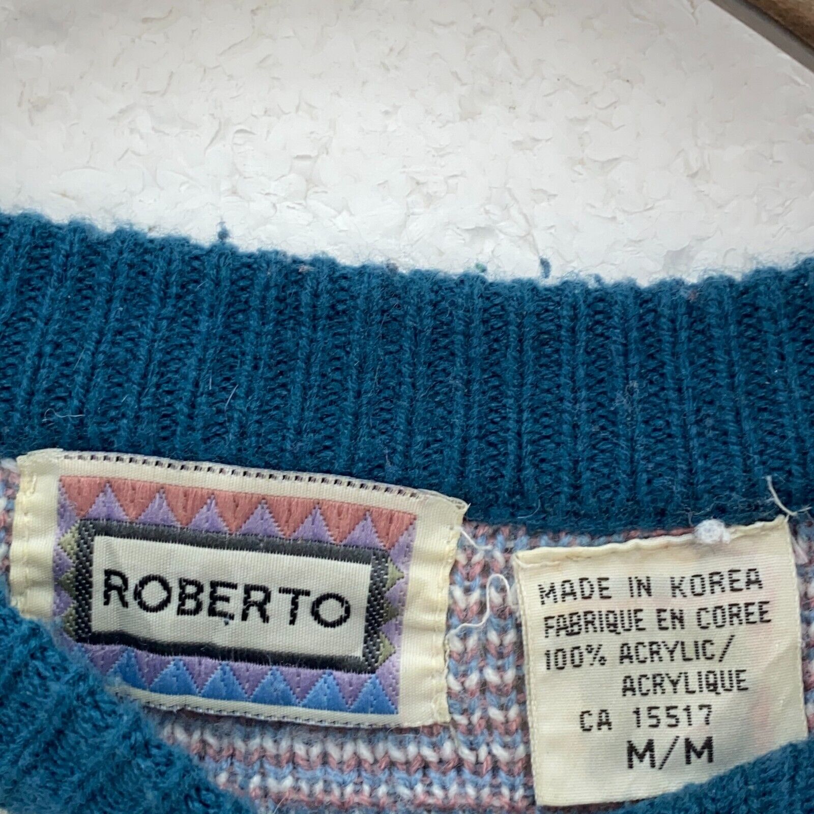 Vintage Pattern Blue Crew Neck Knit Sweater Size M
