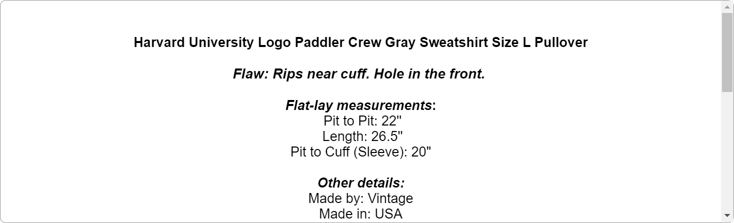 Harvard University Logo Paddler Crew Gray Sweatshirt Size L Pullover