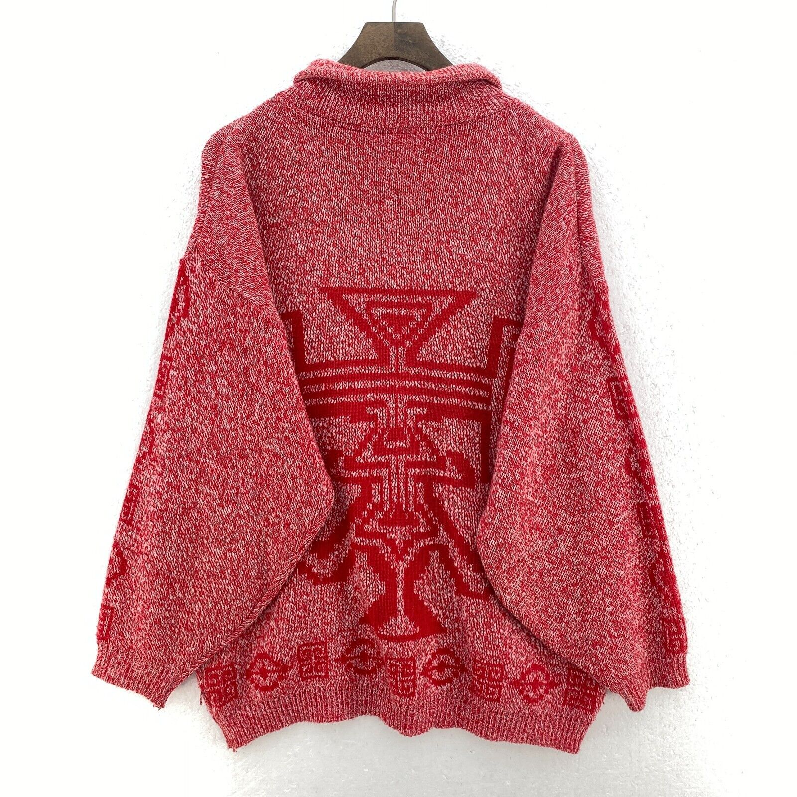 Vintage Tribal Print Red Collared Knit Sweater Size L