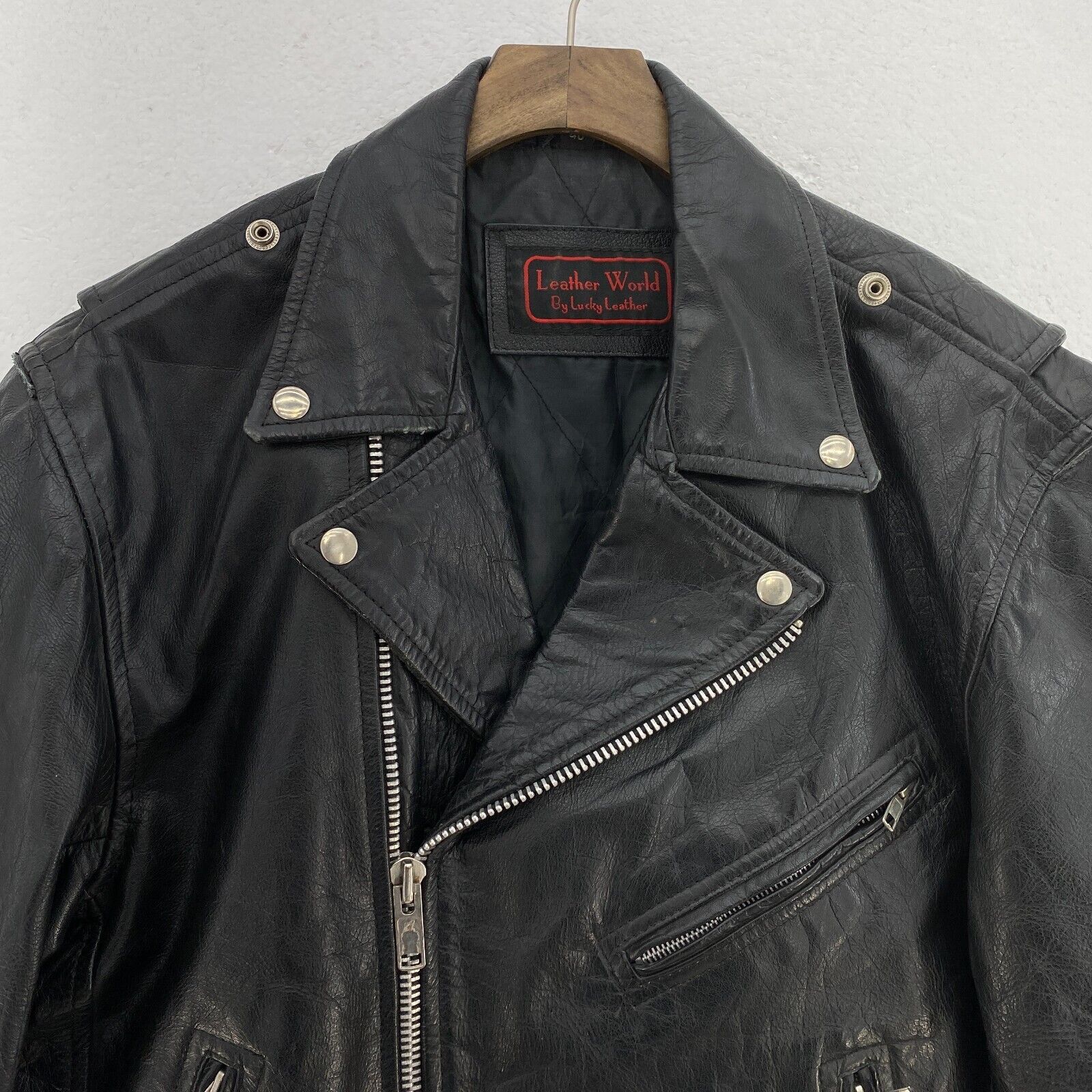 Leather World By Lucky Leather Black Biker Jacket Size 40 90s