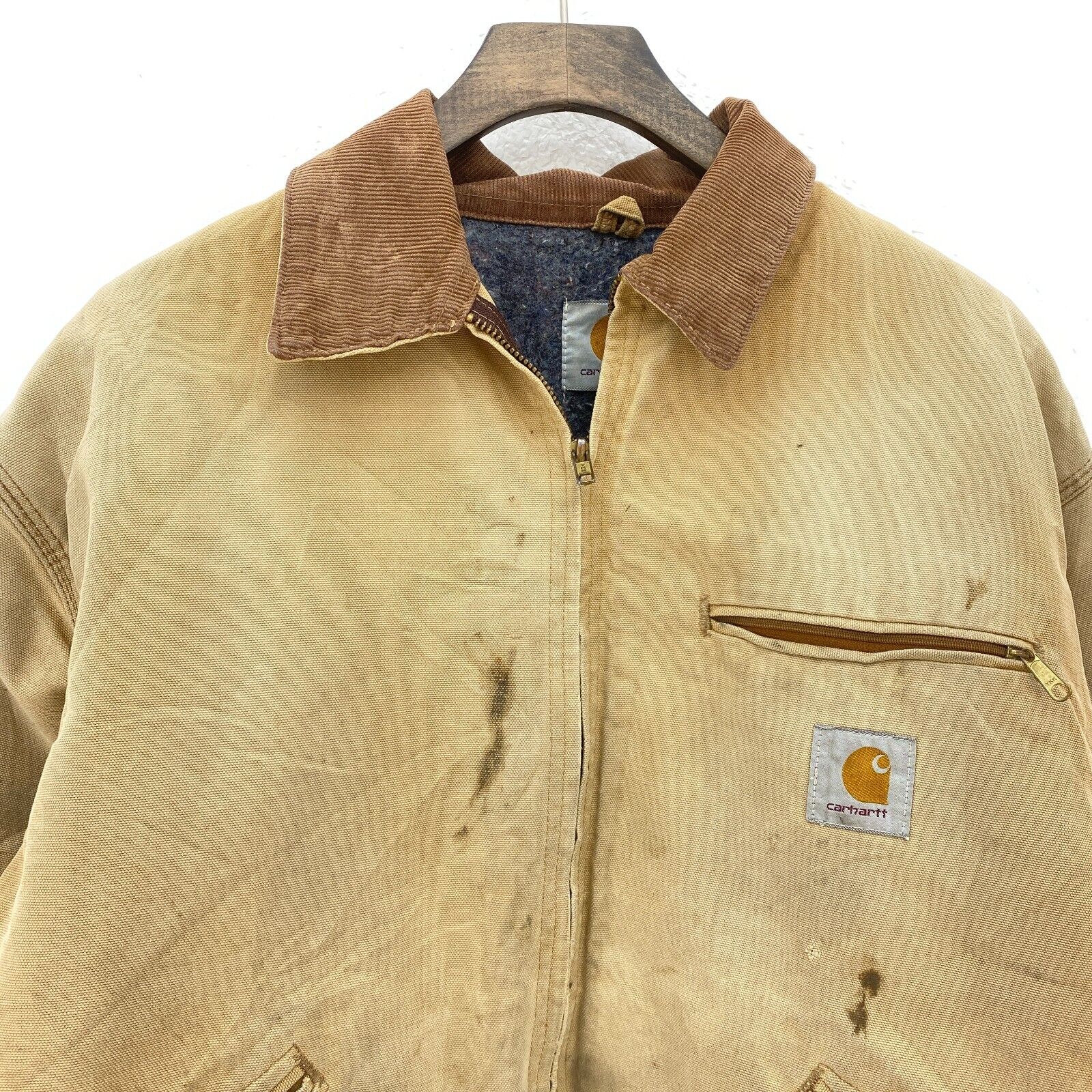 Vintage Carhartt Detroit Distressed Full Zip Fleece Lined Canvas Jacket Beige