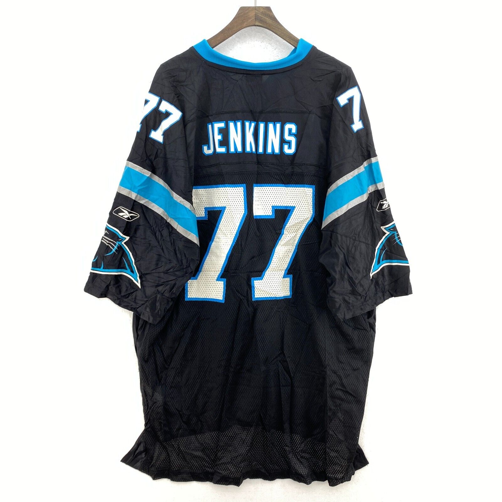 Vintage Reebok Carolina Panthers NFL 77 Jenkins Black Jersey Size 2XL
