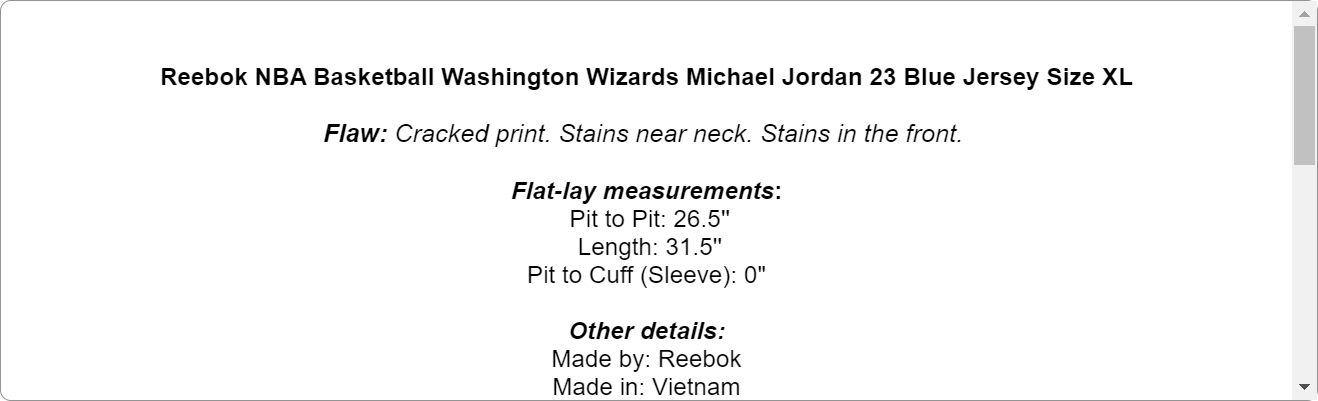 Reebok NBA Basketball Washington Wizards Michael Jordan 23 Blue Jersey Size XL