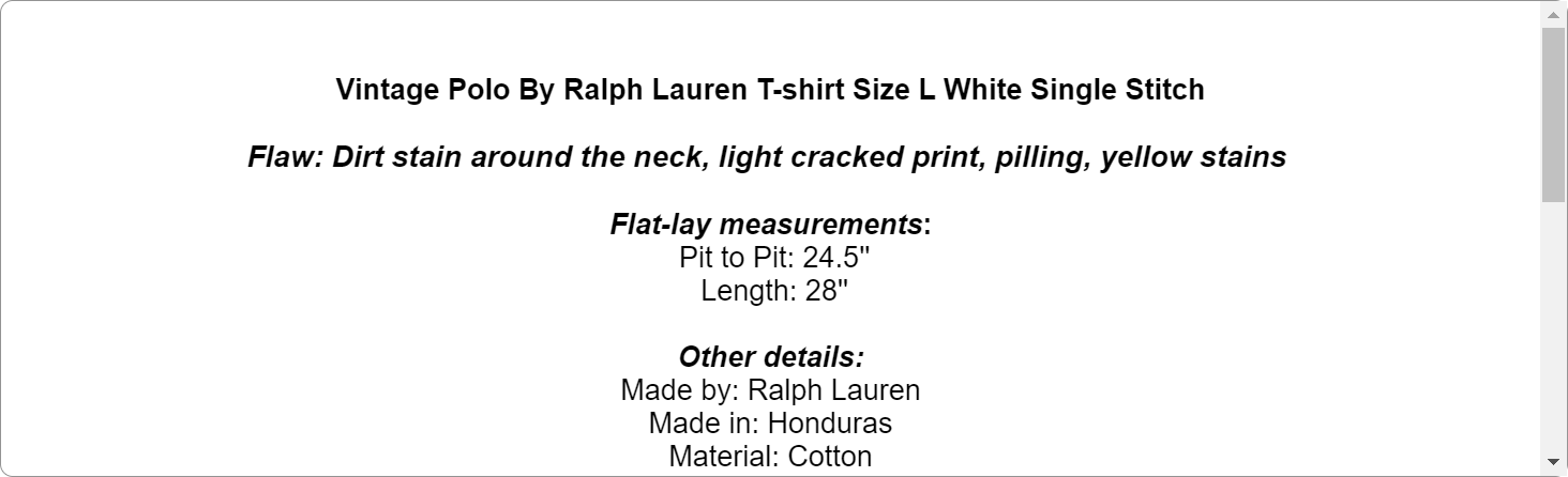 Vintage Polo Ralph Lauren T-shirt Size L White Single Stitch