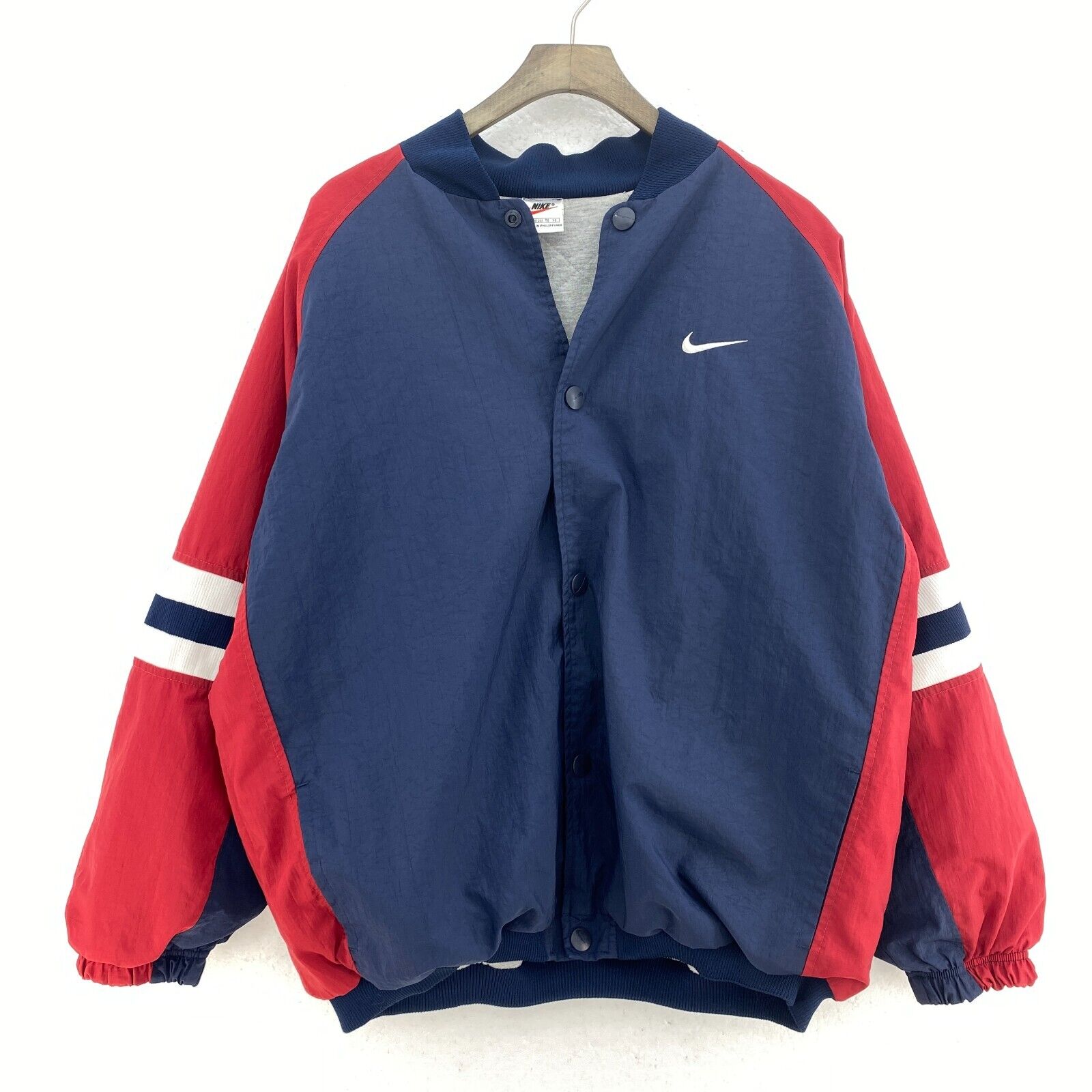 Nike Swoosh Snapped Navy Blue Red Raglan Sleeve Bomber Jacket Size XL