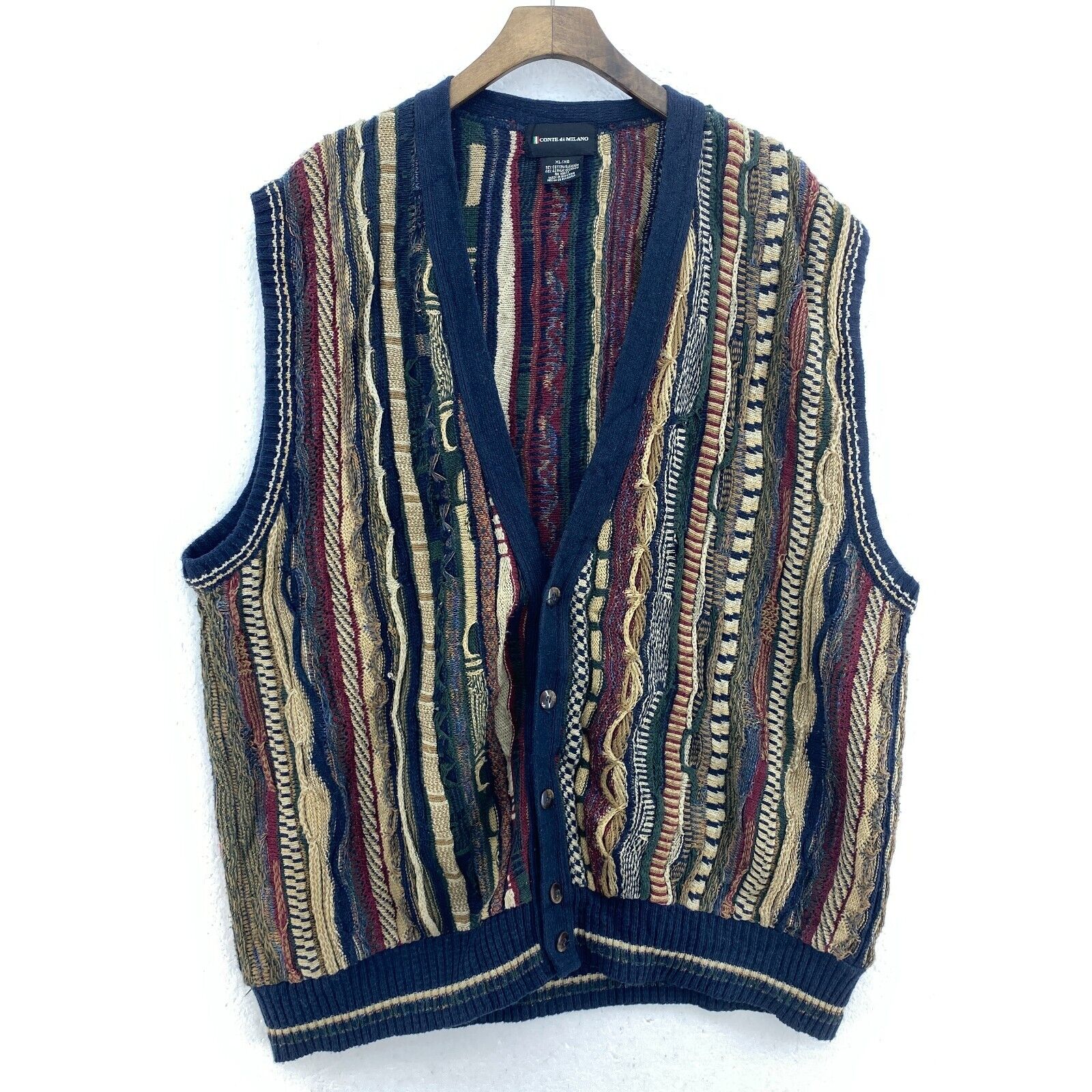 Conte Di Milano 3D Jacquard Knit Brown Vest Cardigan Size XL