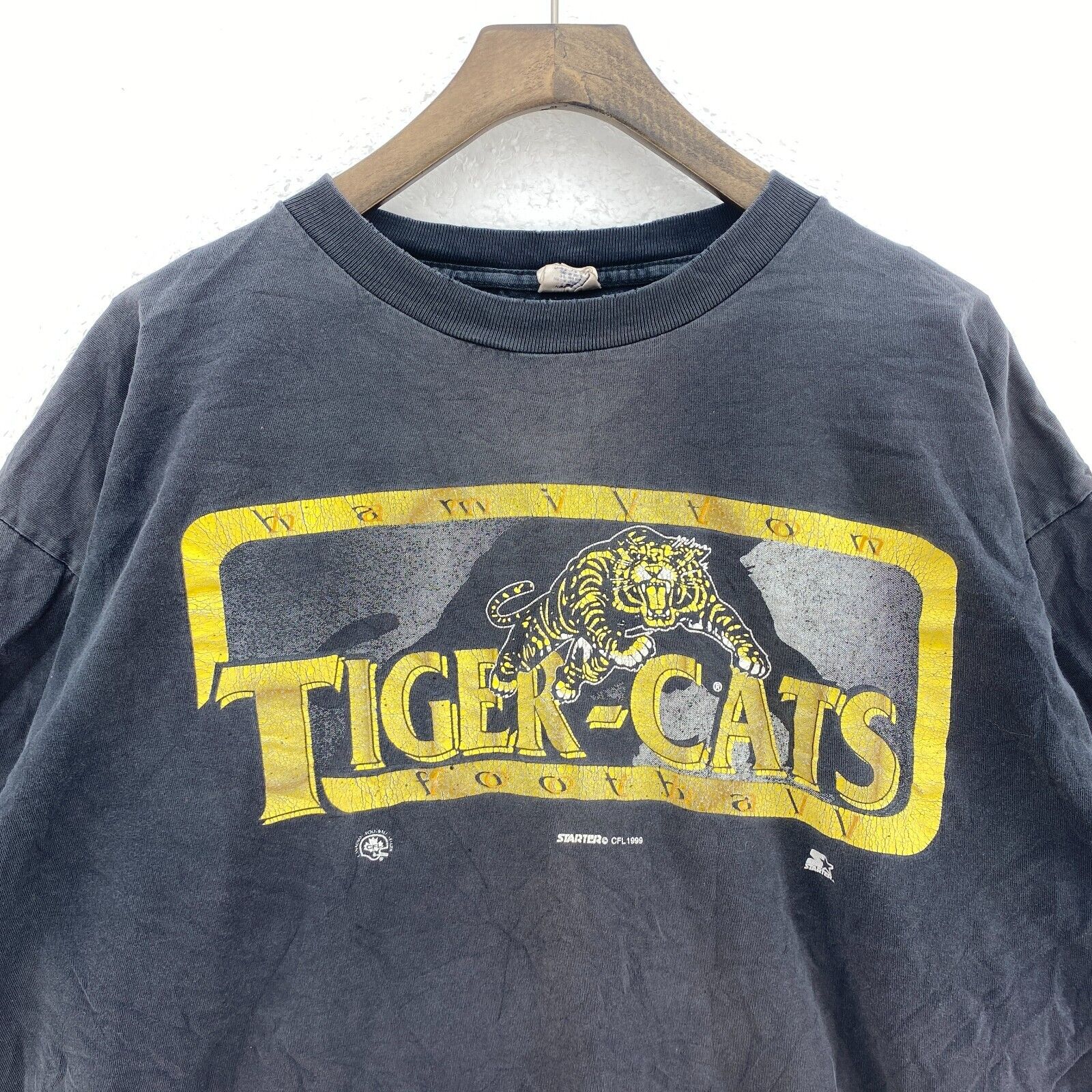 Vintage Starter Tiger Cat Hamilton Football Black T-shirt Size L Single Stitch