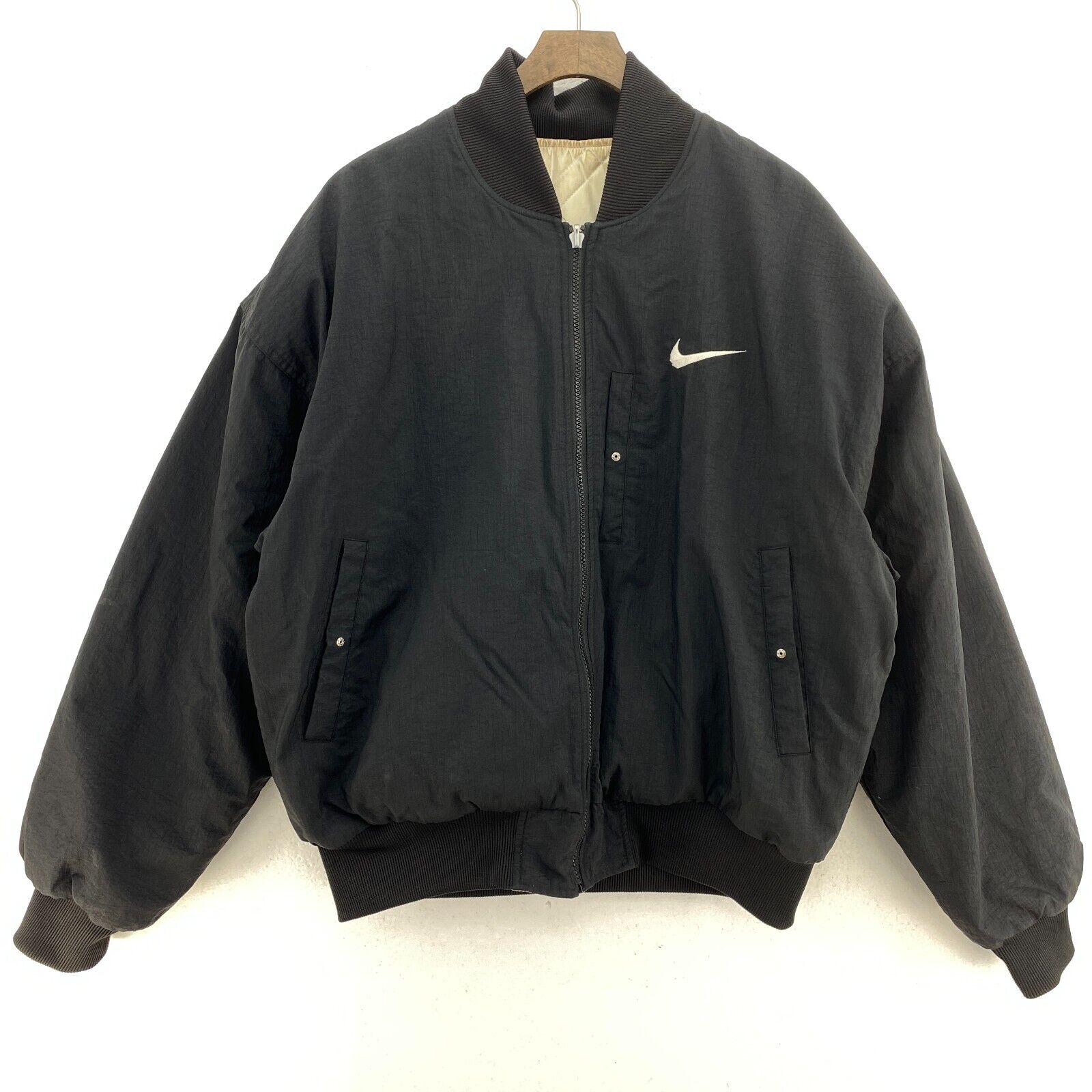 Nike Logo Embroidered Black Insulated Jacket Reversible Size M Full Zip Up