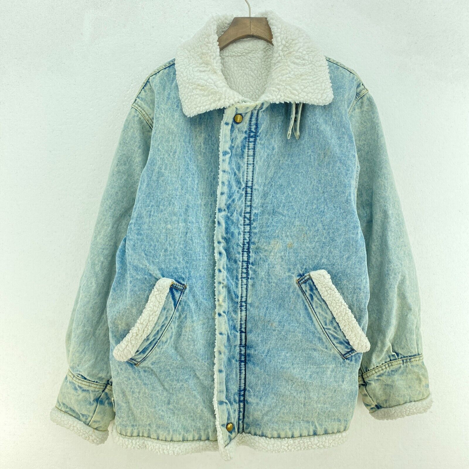 Vintage Sherpa Lined Full Zip Acid Wash Blue Denim Jacket Size M