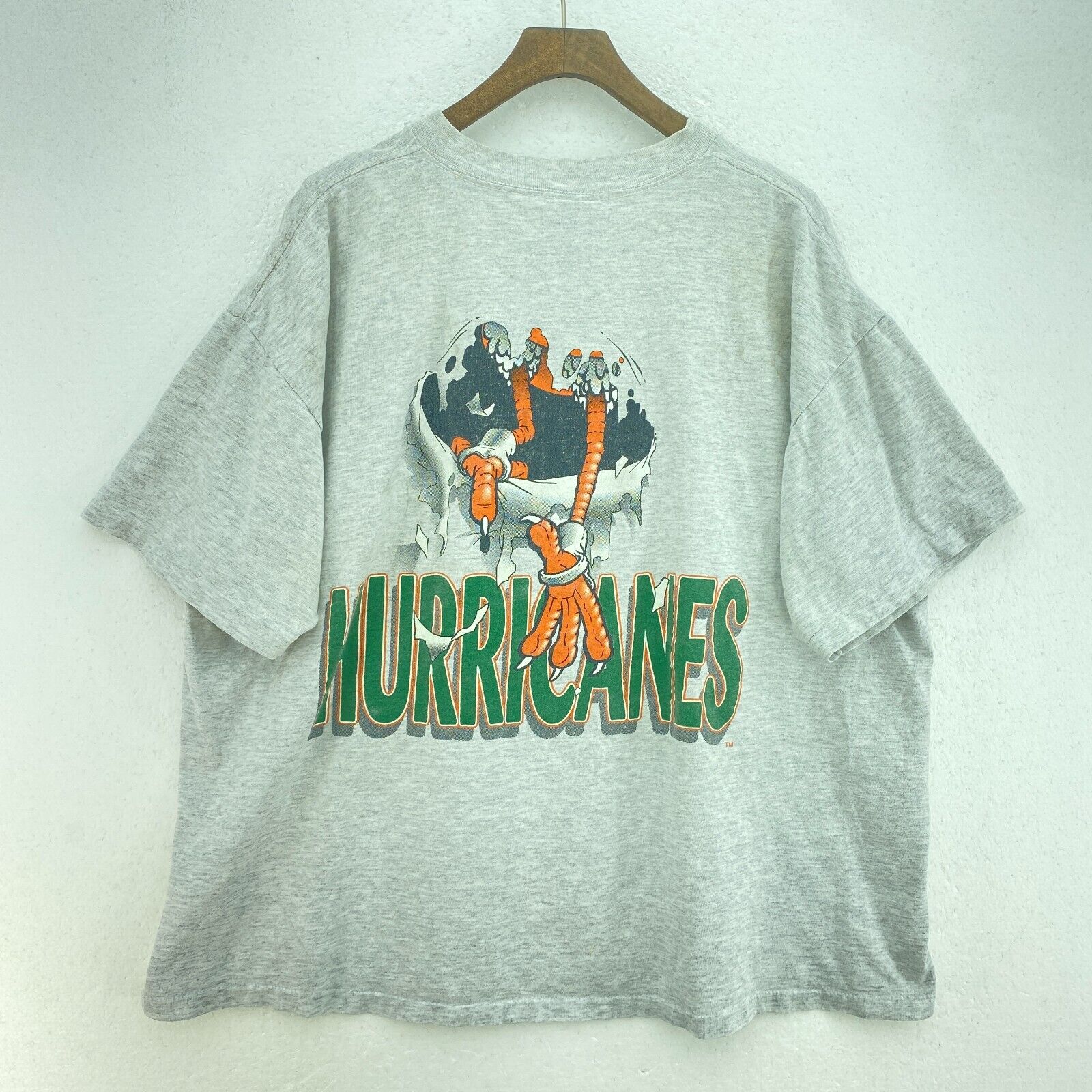 Vintage Nutmeg Miami Hurricanes T-shirt Size XL Gray NCAA Both Sides Print USA