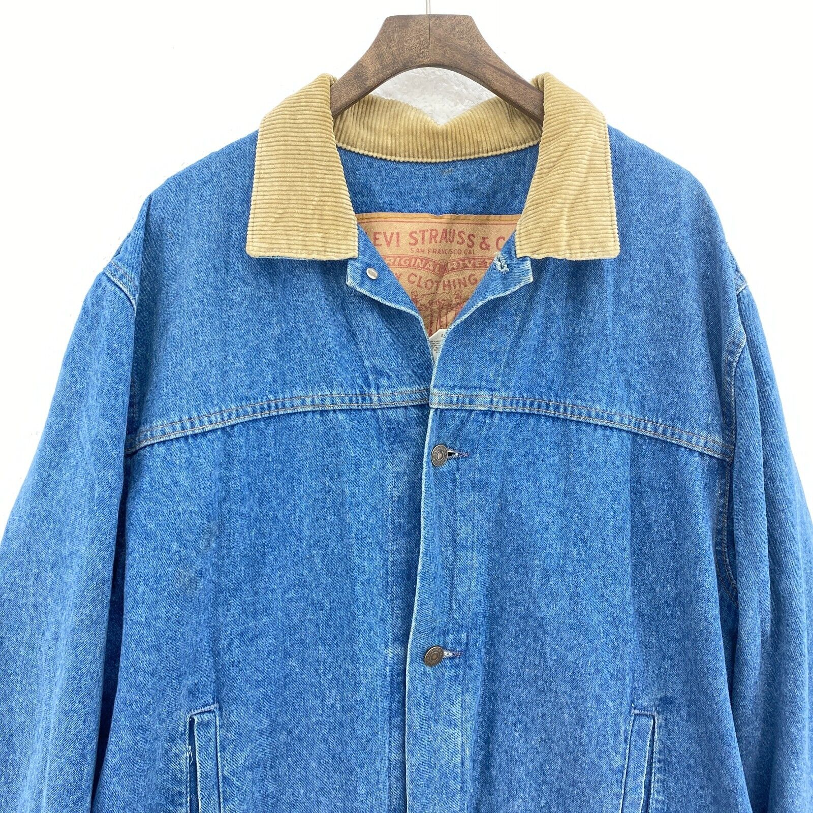 Levi Strauss Medium Wash Corduroy Collar Long Button Up Denim Jacket Size L