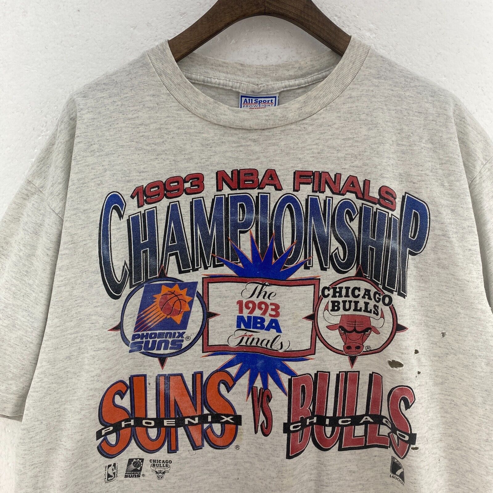 Logo 7 1993 NBA Championship Phoenix Suns Chicago Bulls NBA Gray T-shirt Size XL