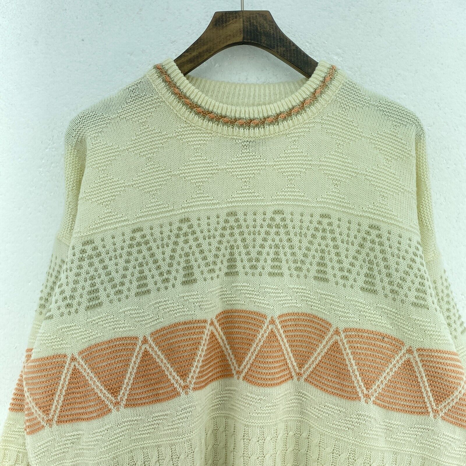 Vintage 3-D Wool Sweater Size L Beige Geometric Knit Women's