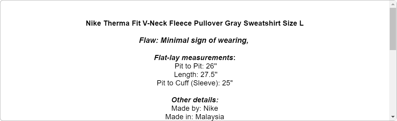 Nike Therma Fit V-Neck Fleece Pullover Gray Sweatshirt Size L