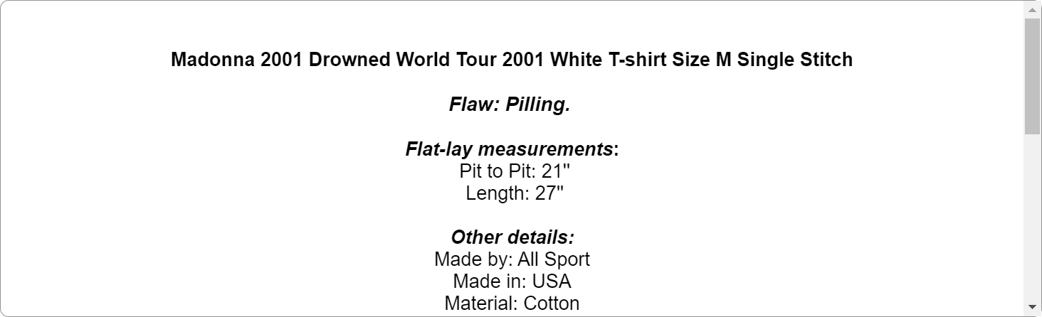 Madonna 2001 Drowned World Tour 2001 White T-shirt Size M Single Stitch