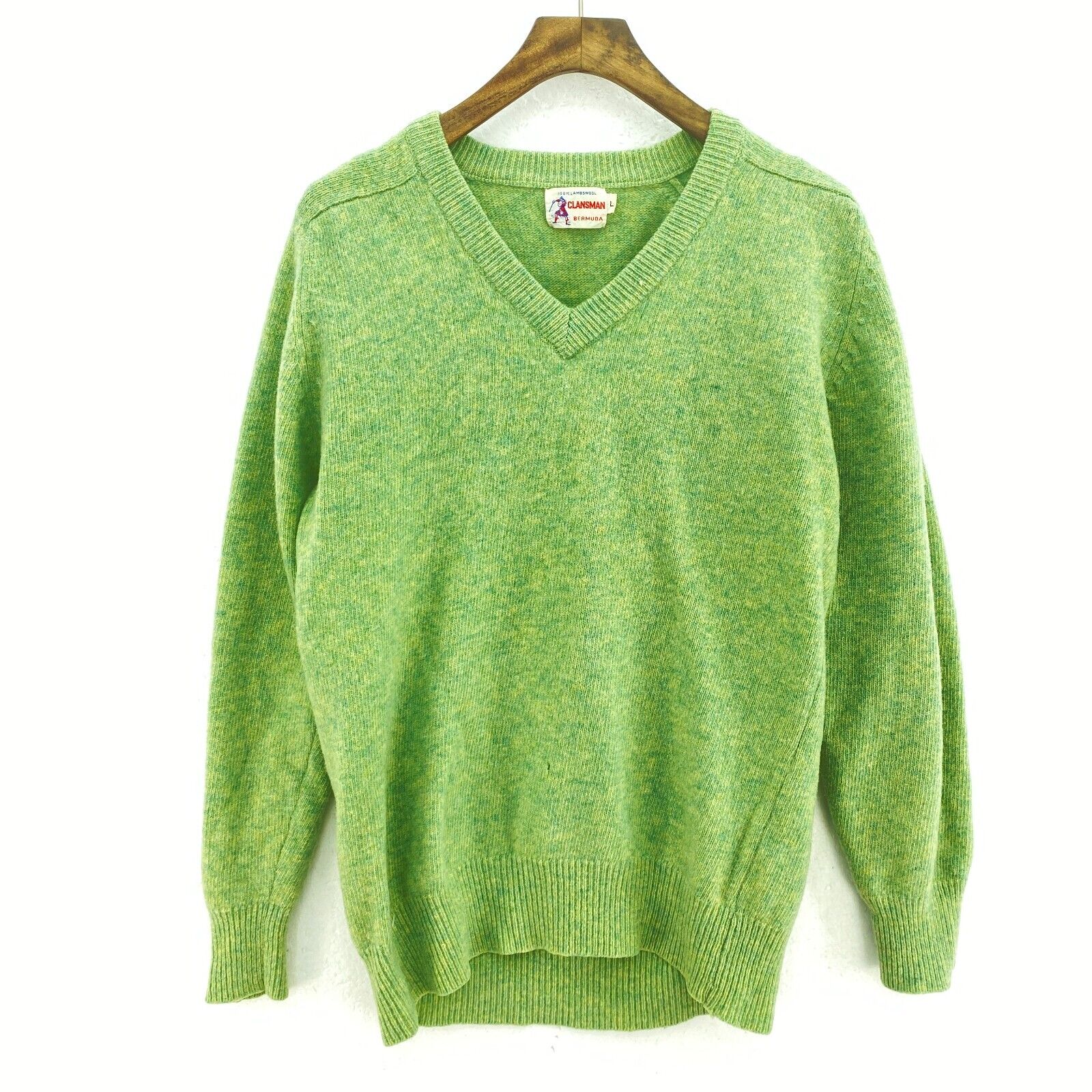 Vintage Wool 60s V-Neck Sweater Size L Green Women's