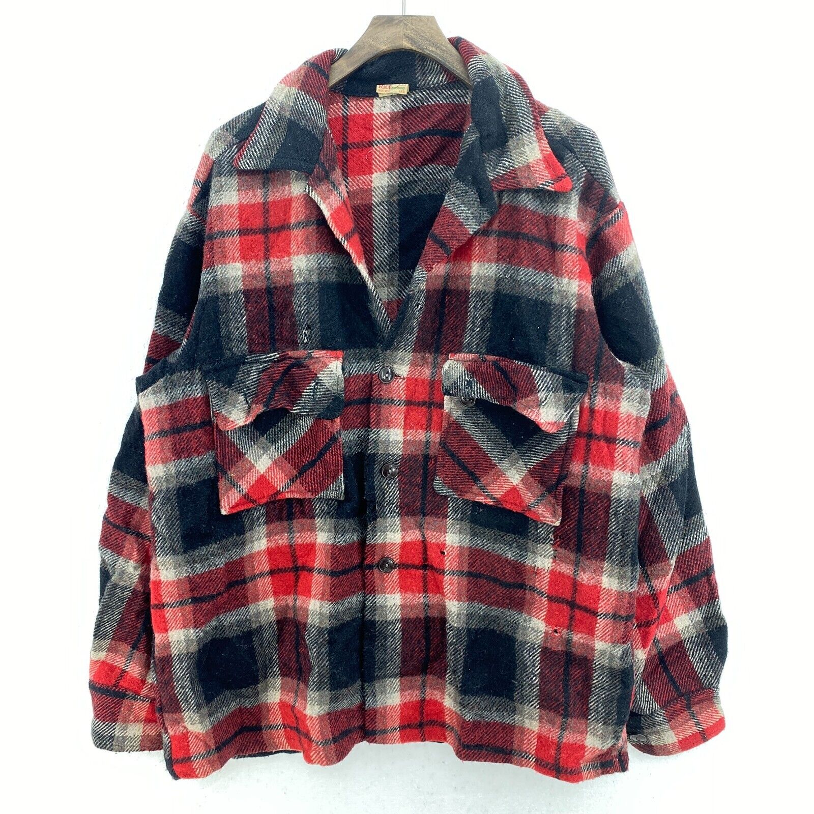 Vintage Red Black Checked Double Pocket Snapped Wool Shirt Jacket Size L