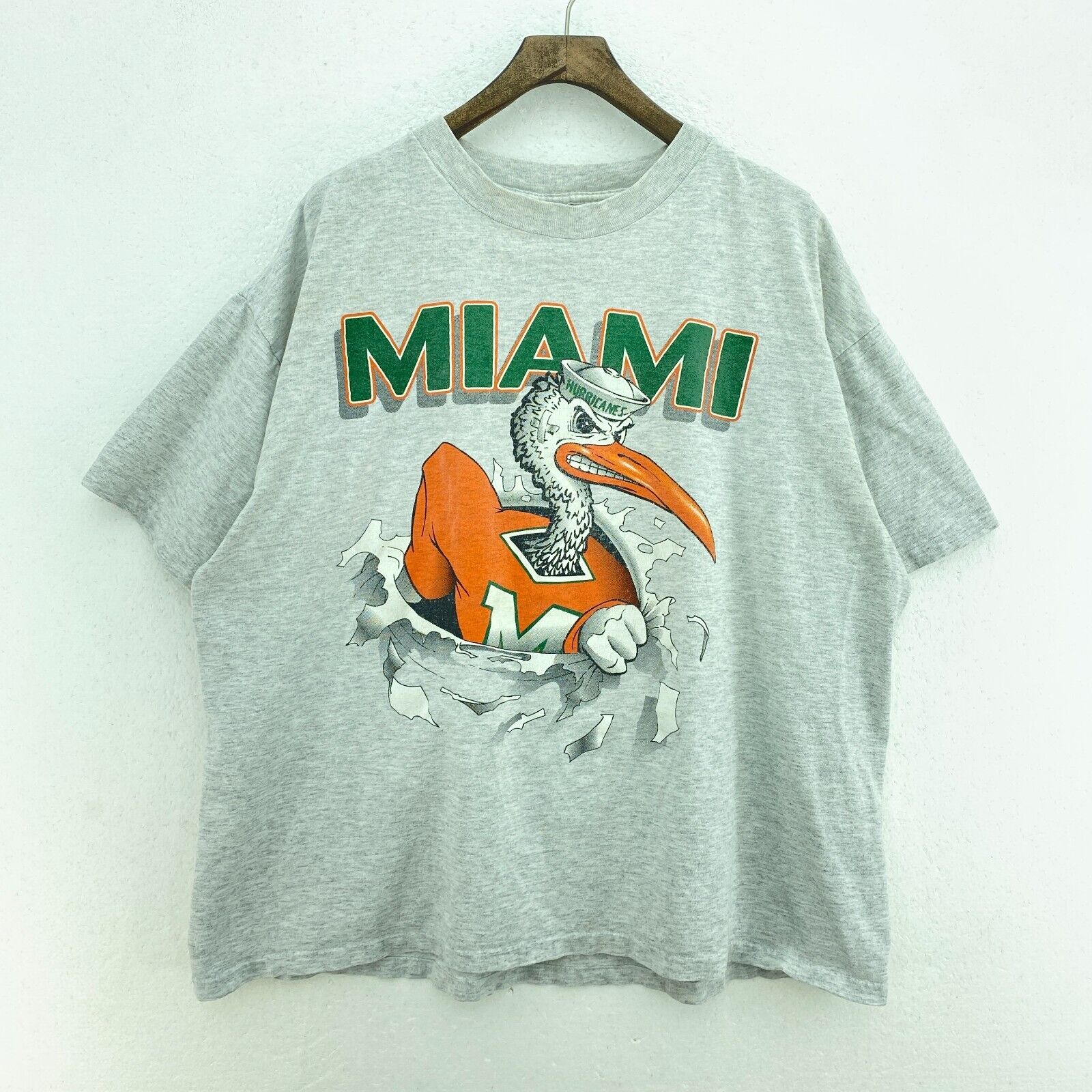 Vintage Nutmeg Miami Hurricanes T-shirt Size XL Gray NCAA Both Sides Print USA