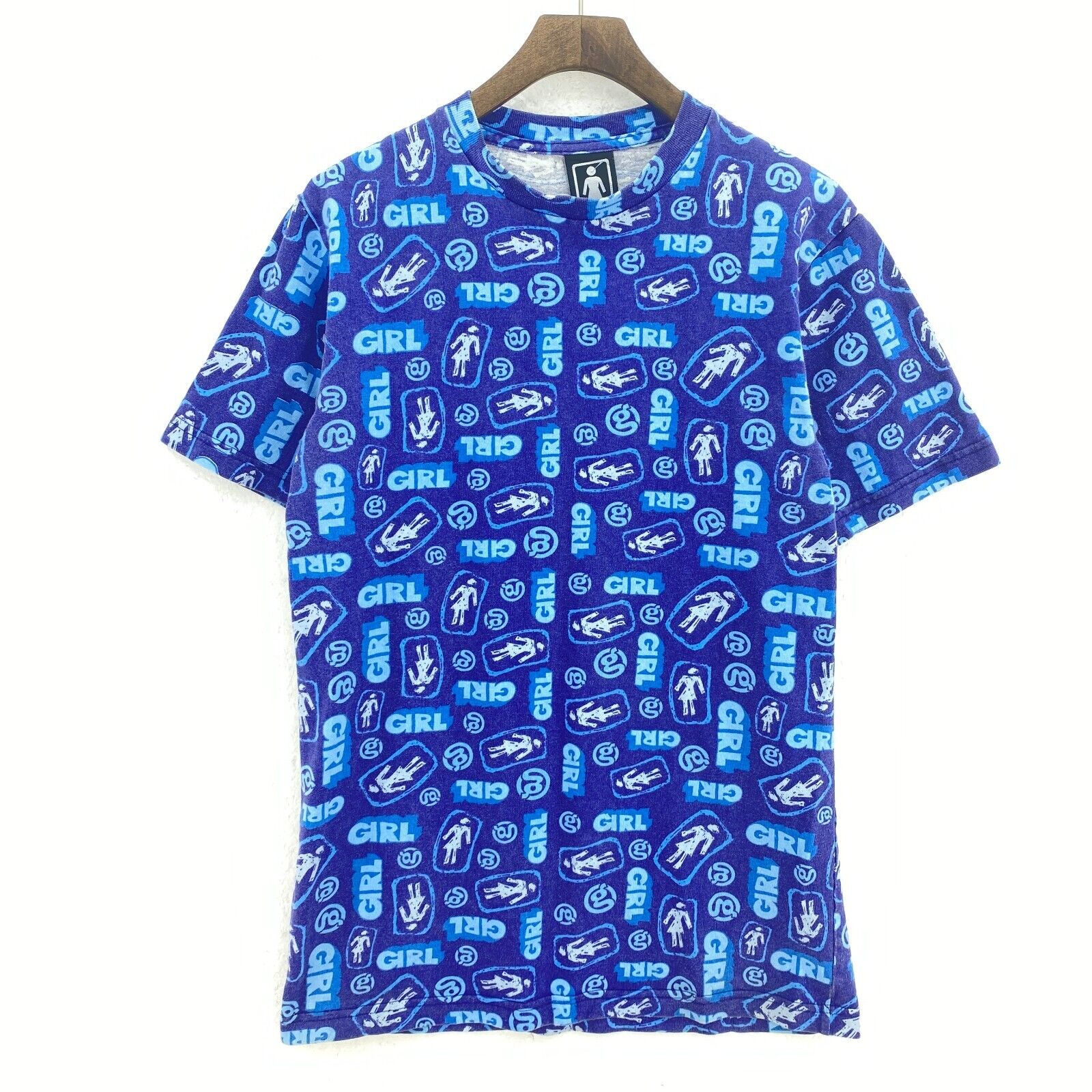 Girl Skateboards All Over Print Blue Graphic Print T-shirt Size M