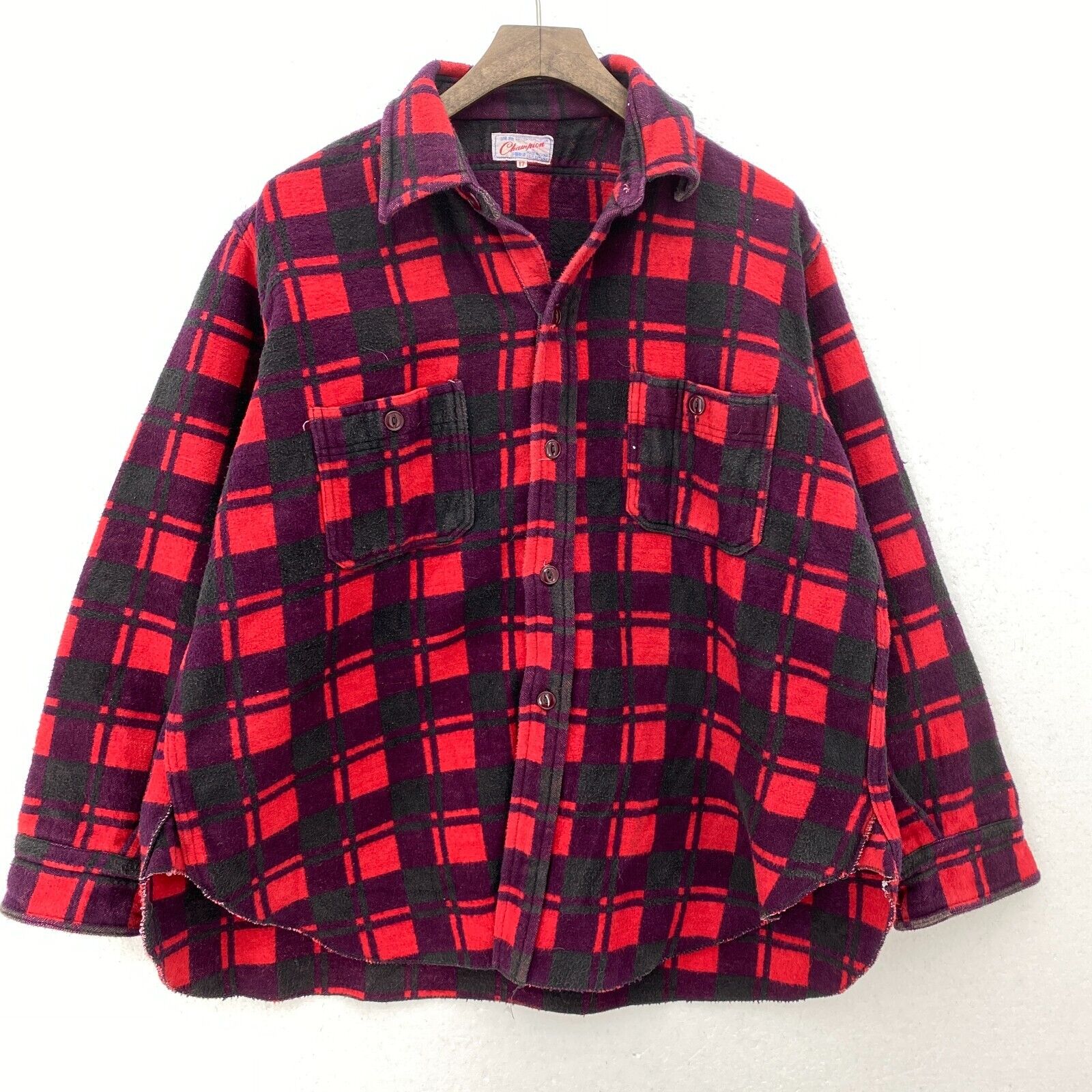 Vintage Champion Red Flannel Button Up Shirt Jacket Size M