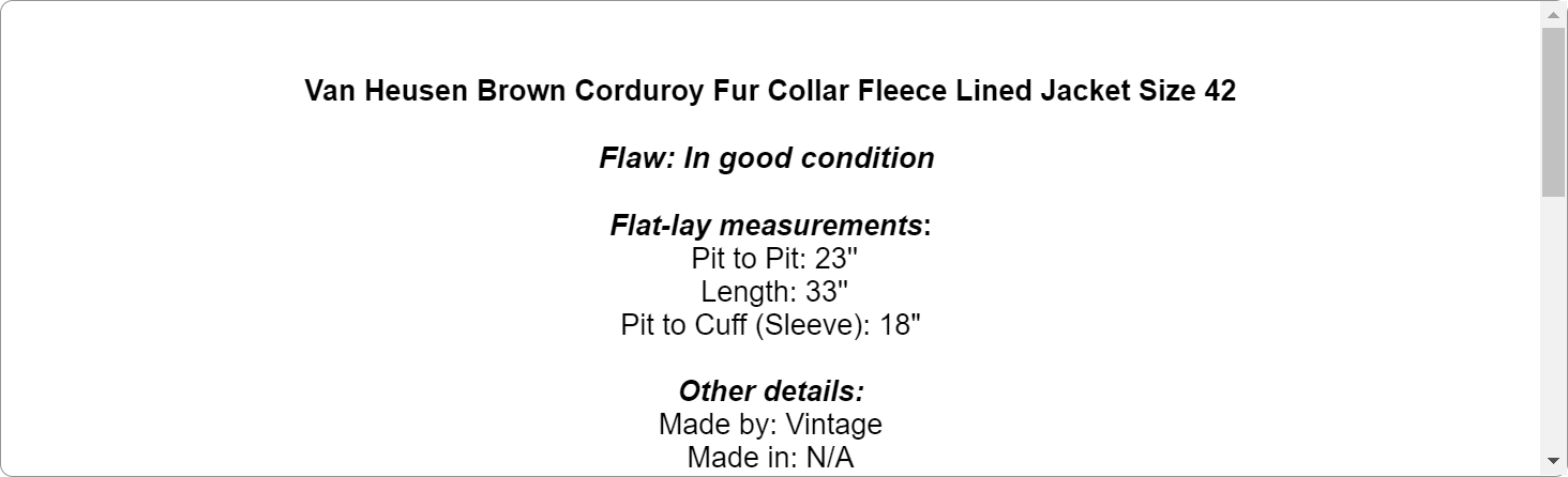 Van Heusen Brown Corduroy Fur Collar Fleece Lined Jacket Size 42