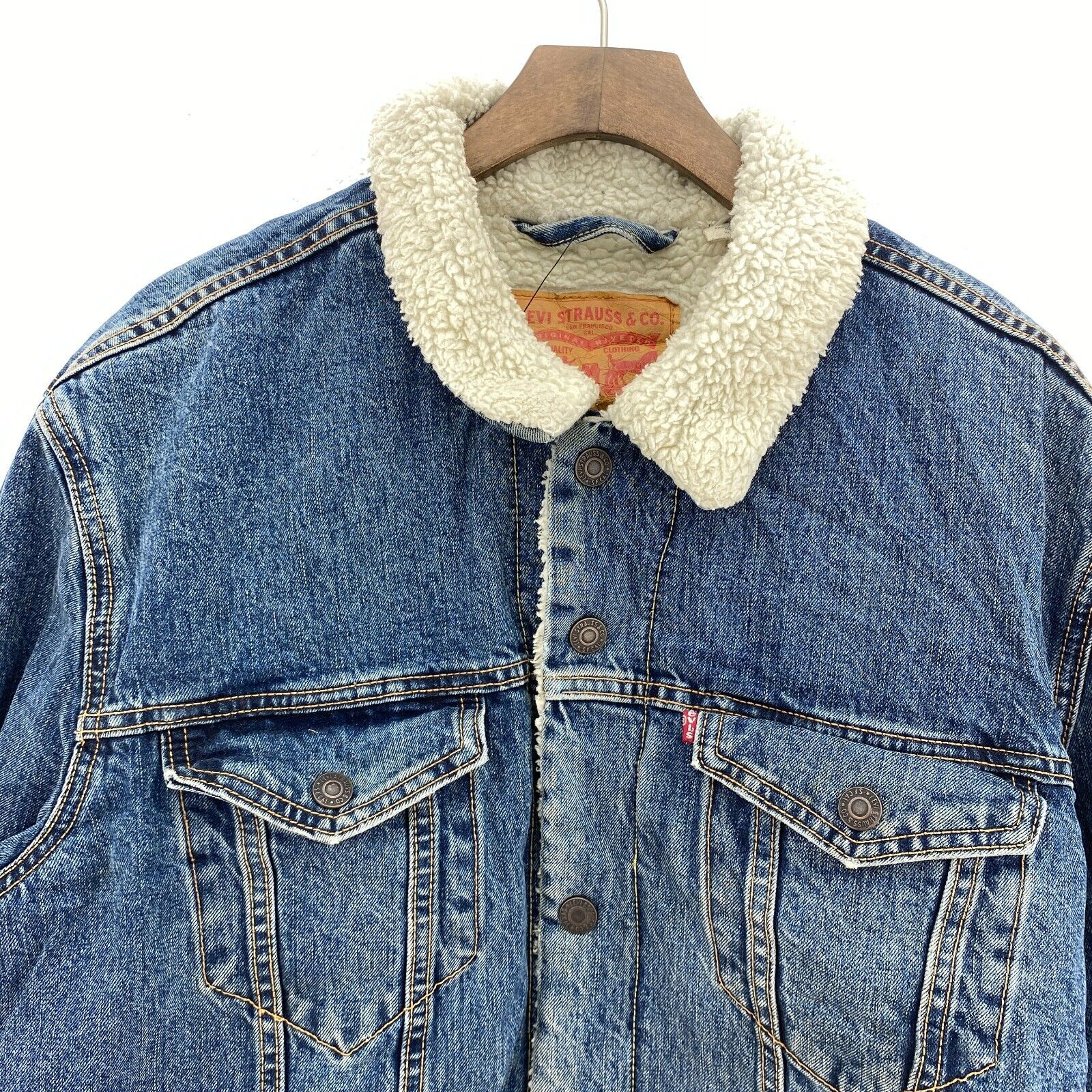 Levi Strauss Sherpa Lined Button Up Medium Wash Blue Denim Jacket Size XL