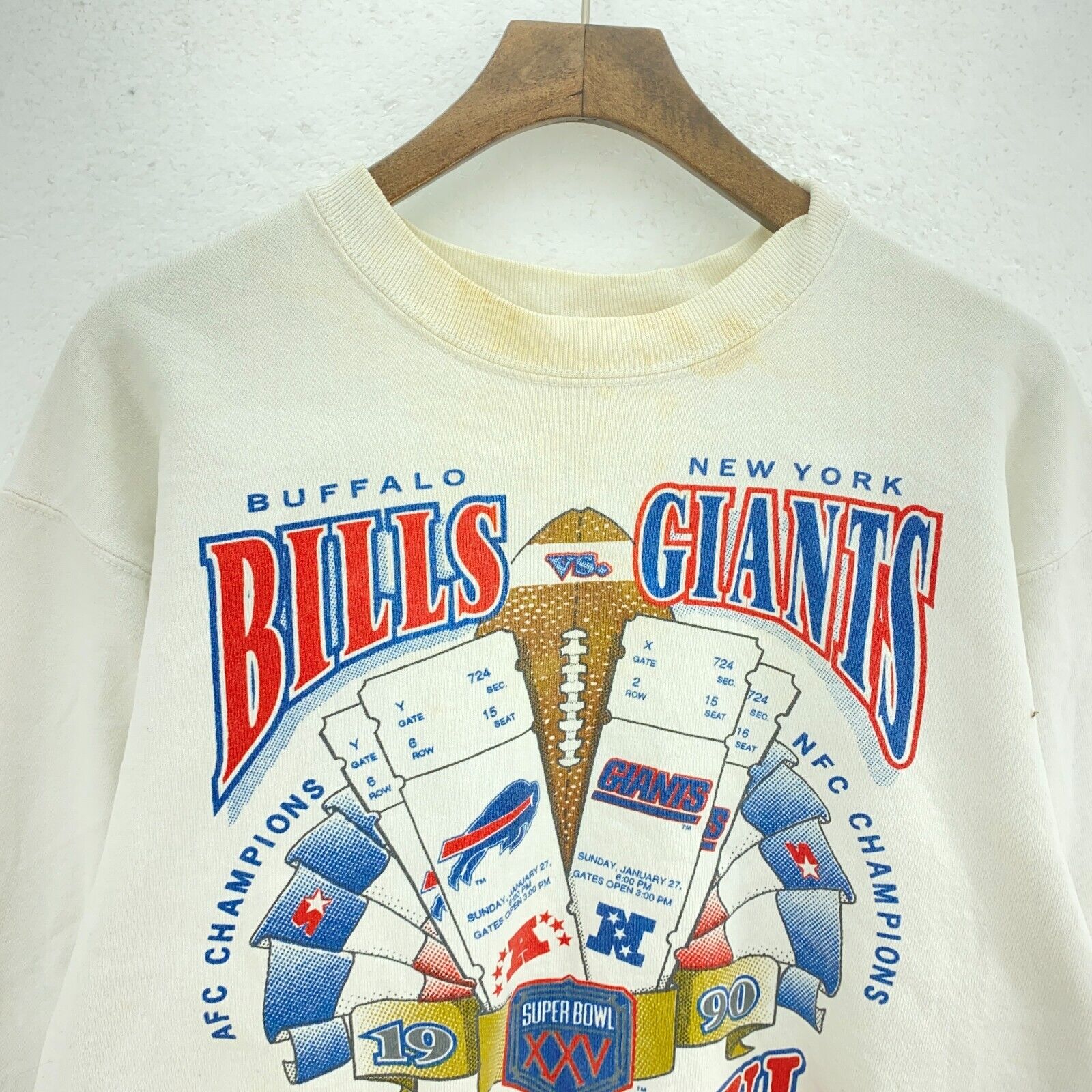Super Bowl XXV NFL 1990 Buffalo Bills VS New York Giants White Sweatshirt Size L