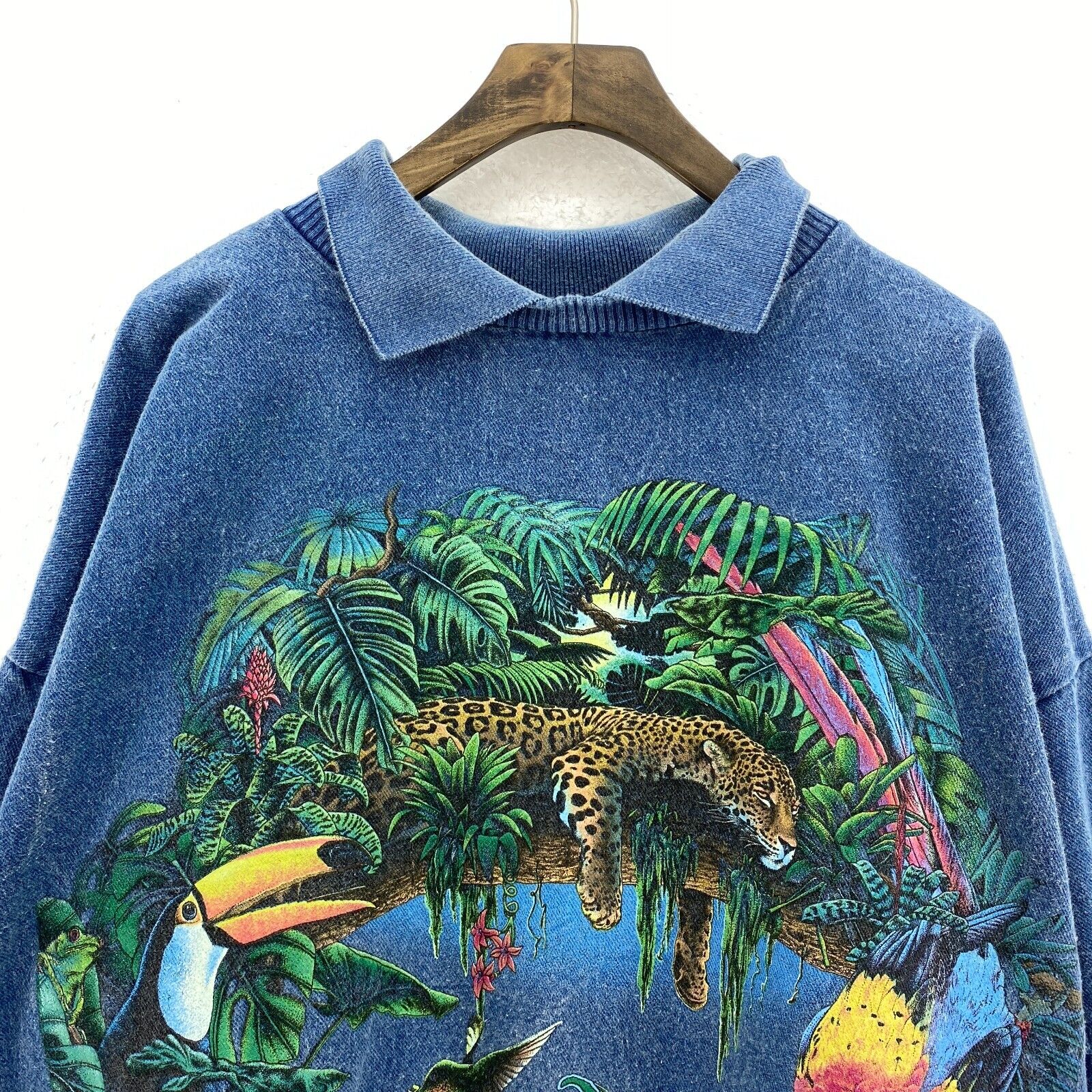 Wake Up To The Rainforest Wild Life Print Blue Pullover Denim Jacket Size L