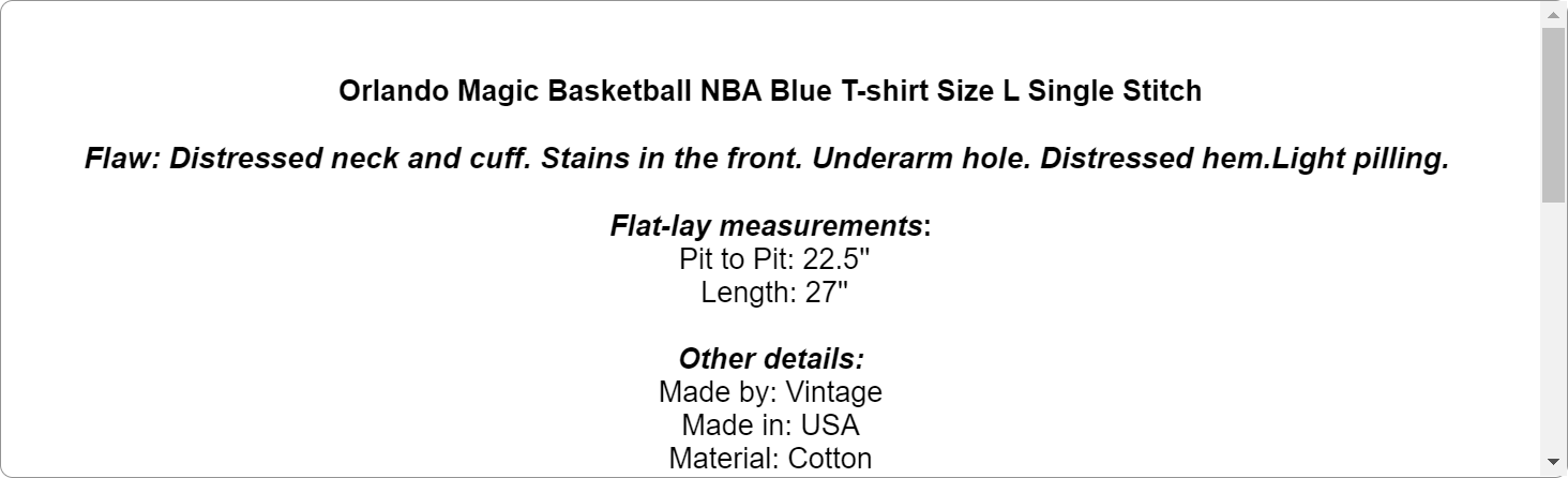 Orlando Magic Basketball NBA Blue T-shirt Size L Single Stitch