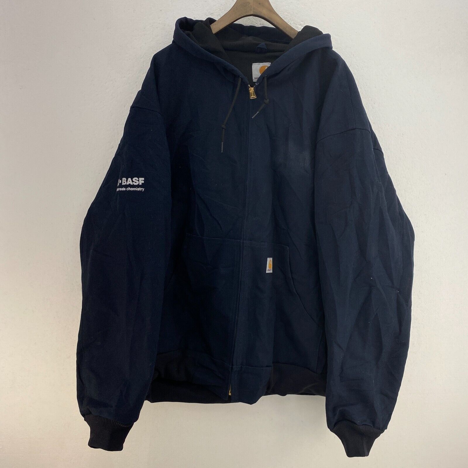 Carhartt Workwear Blue Hooded Jacket Basf Company Quilt Lined Size 3XL Full Zip