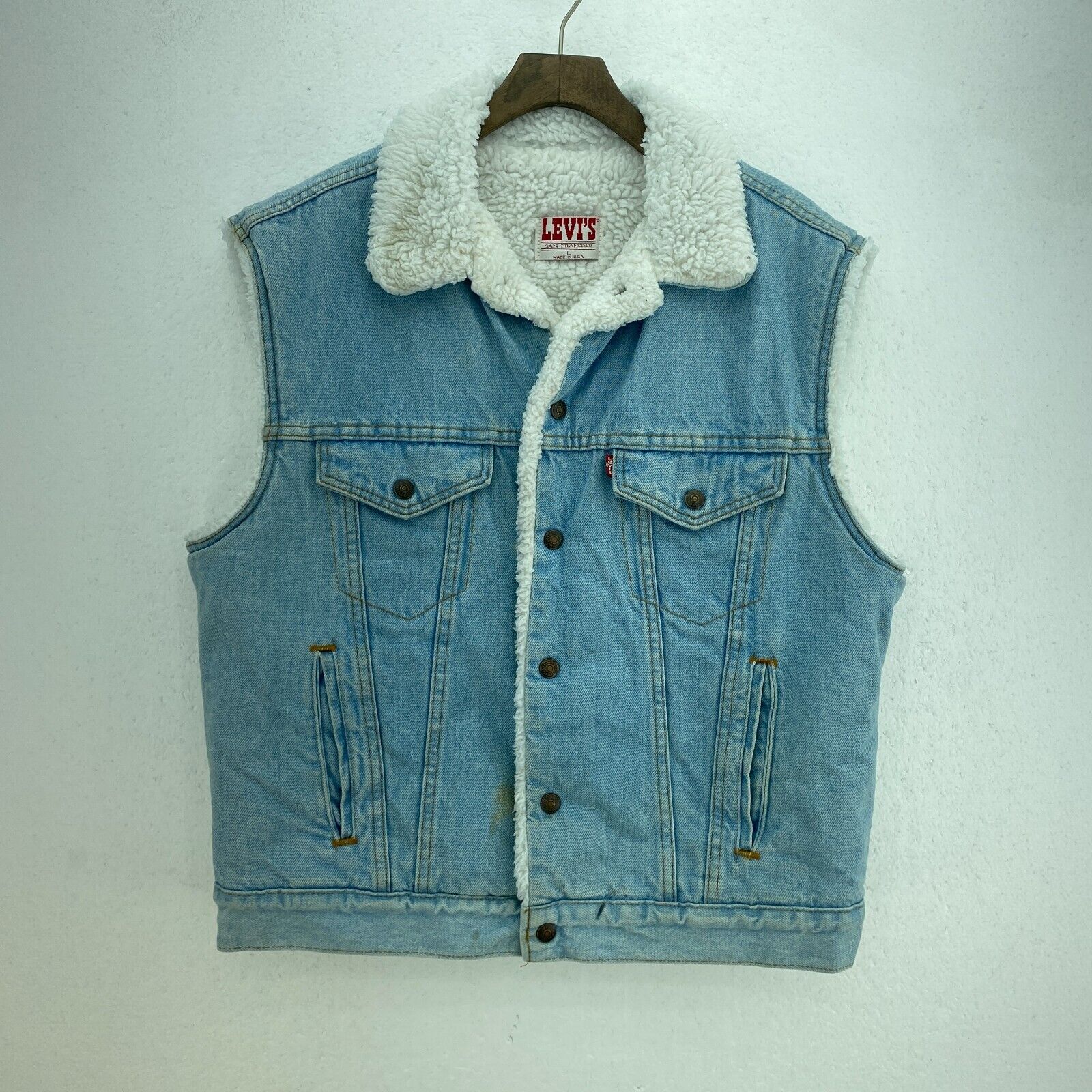 Levi's Sherpa Denim Vest Jacket Blue Light Wash Size M USA