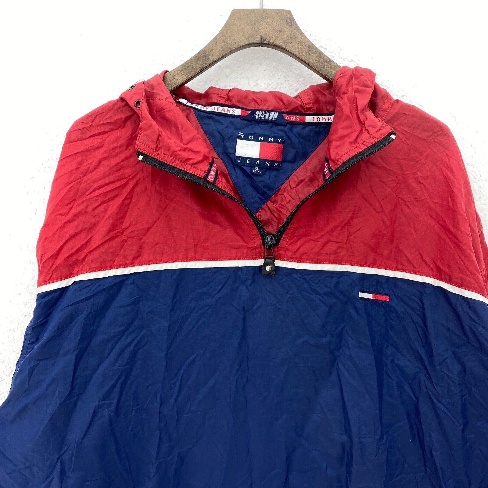 Vintage Tommy Hilfiger Quarter Zip Lightweight Navy Blue Hooded Jacket Size XL